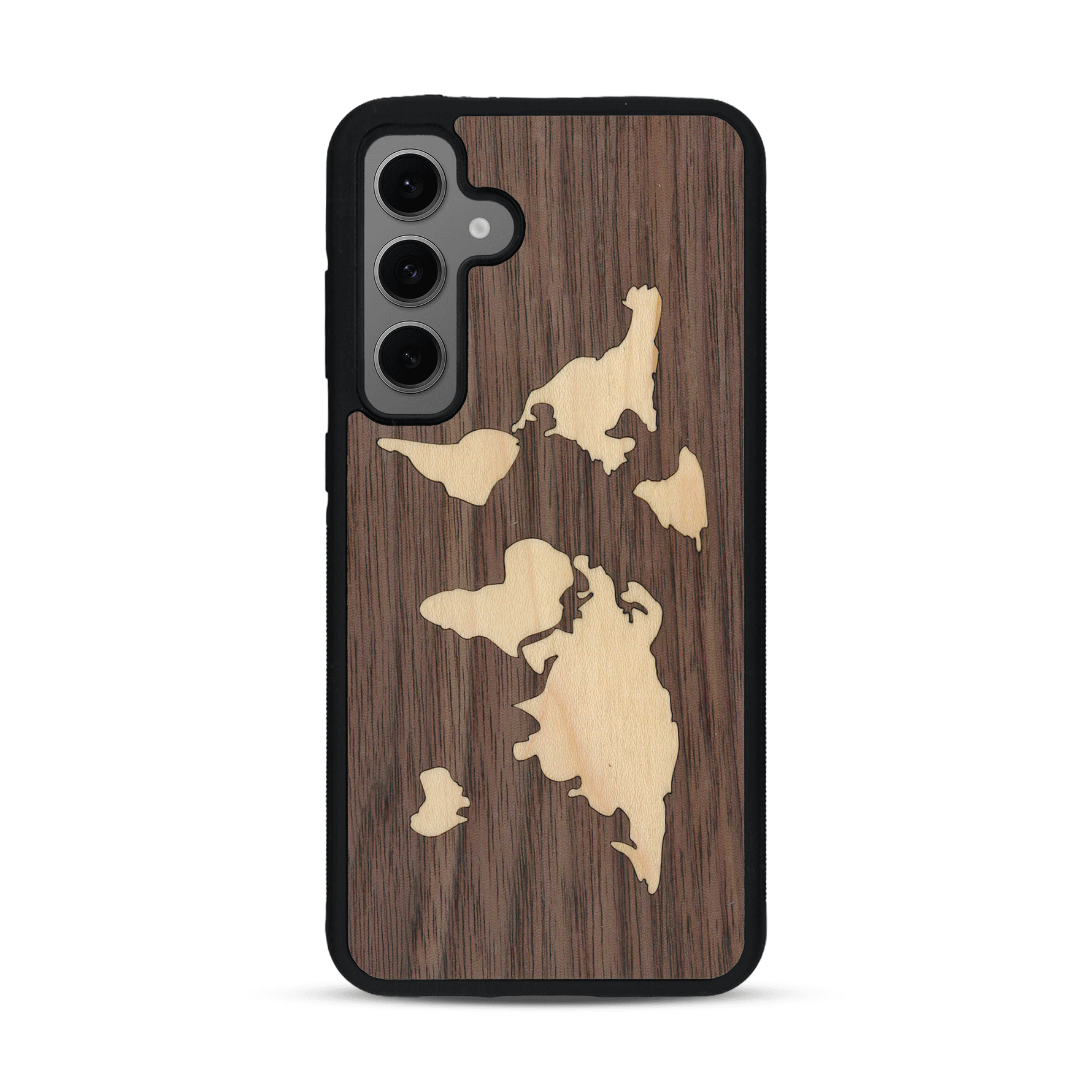 Coque de protection en bois véritable fabriquée en France pour  alliant du bambou et du noyer sur le thème du voyage et de l'aventure représentant une mappemonde