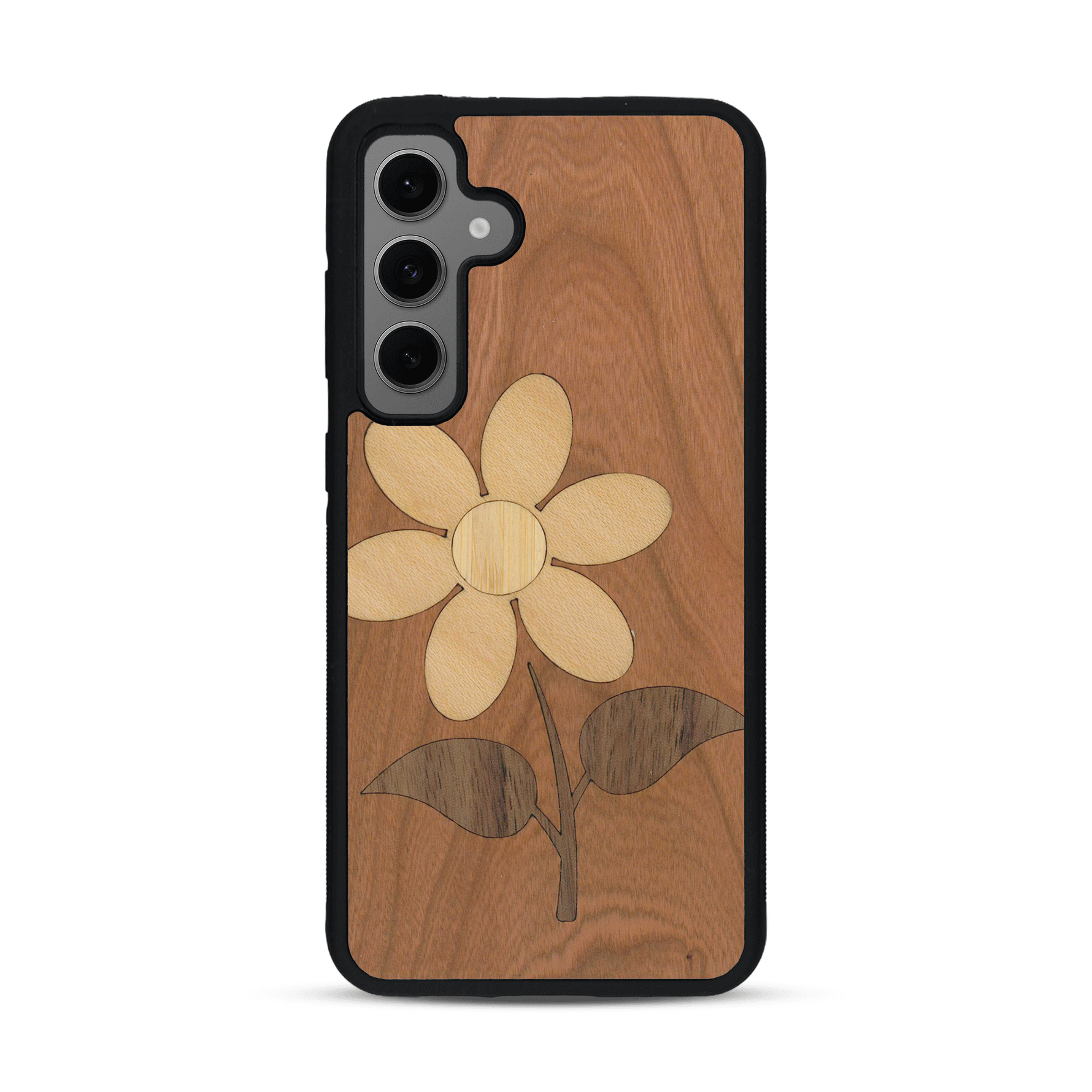Coque de protection en bois véritable fabriquée en France pour Samsung S24 alliant plusieurs essences de bois pour représenter une marguerite