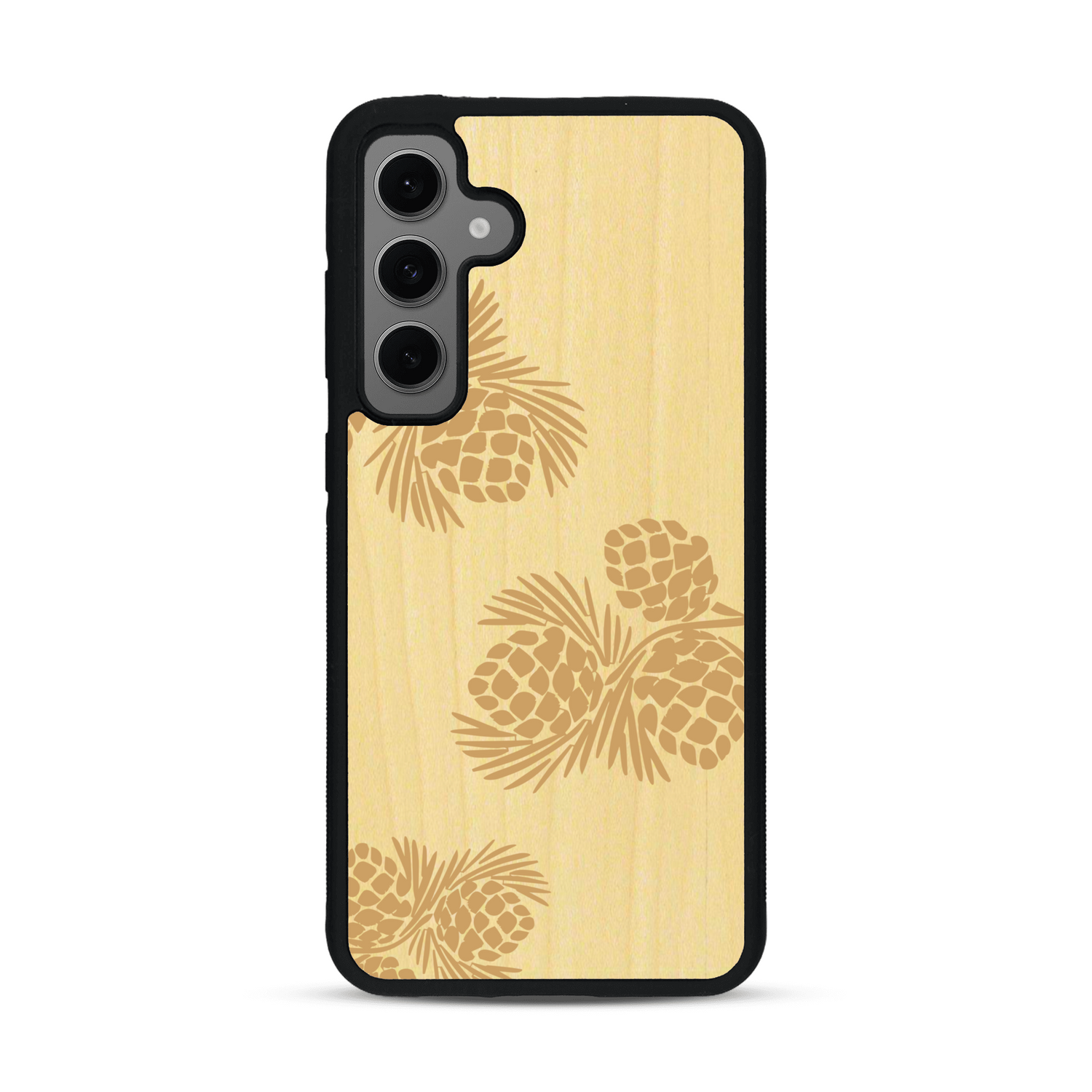 Coque de protection en bois véritable fabriquée en France pour  sur le thème de la nature des arbres avec un motif de gravure représentant des épines de sapin et des pommes de pin