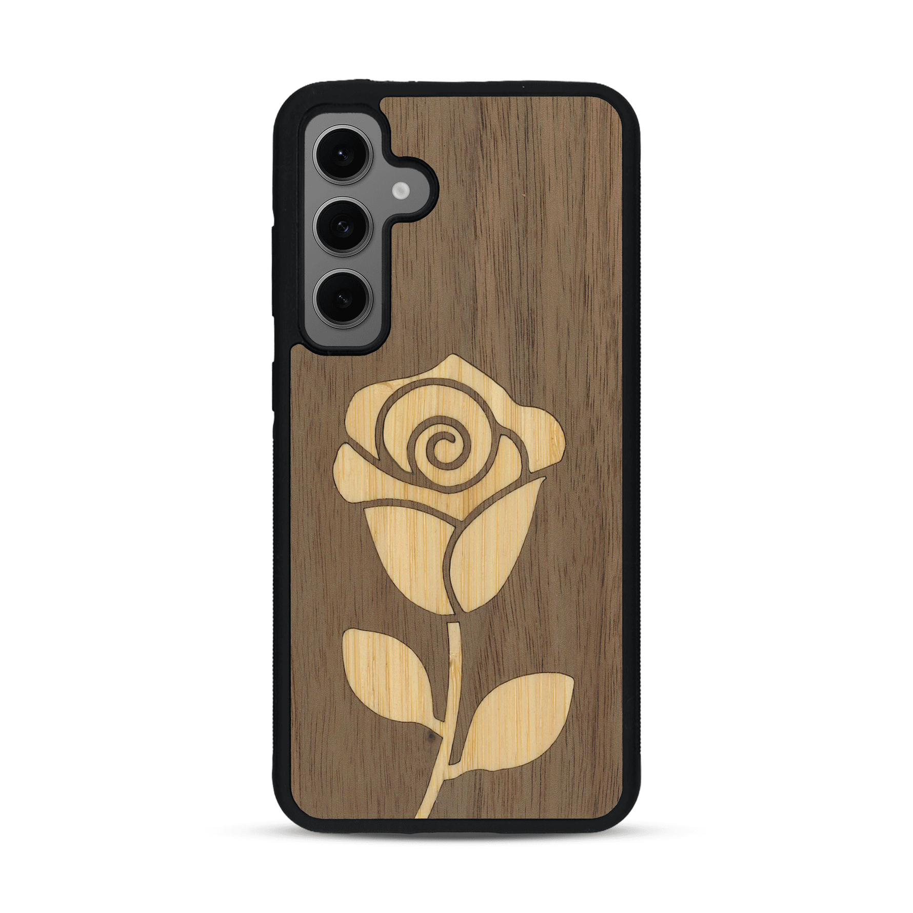 Coque de protection en bois véritable fabriquée en France pour Samsung S24 alliant plusieurs essences de bois pour représenter une rose