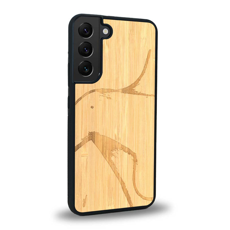 Coque de protection en bois véritable fabriquée en France pour Samsung S24 représentant une silhouette féminine dessinée à la main par l'artiste Maud Dabs