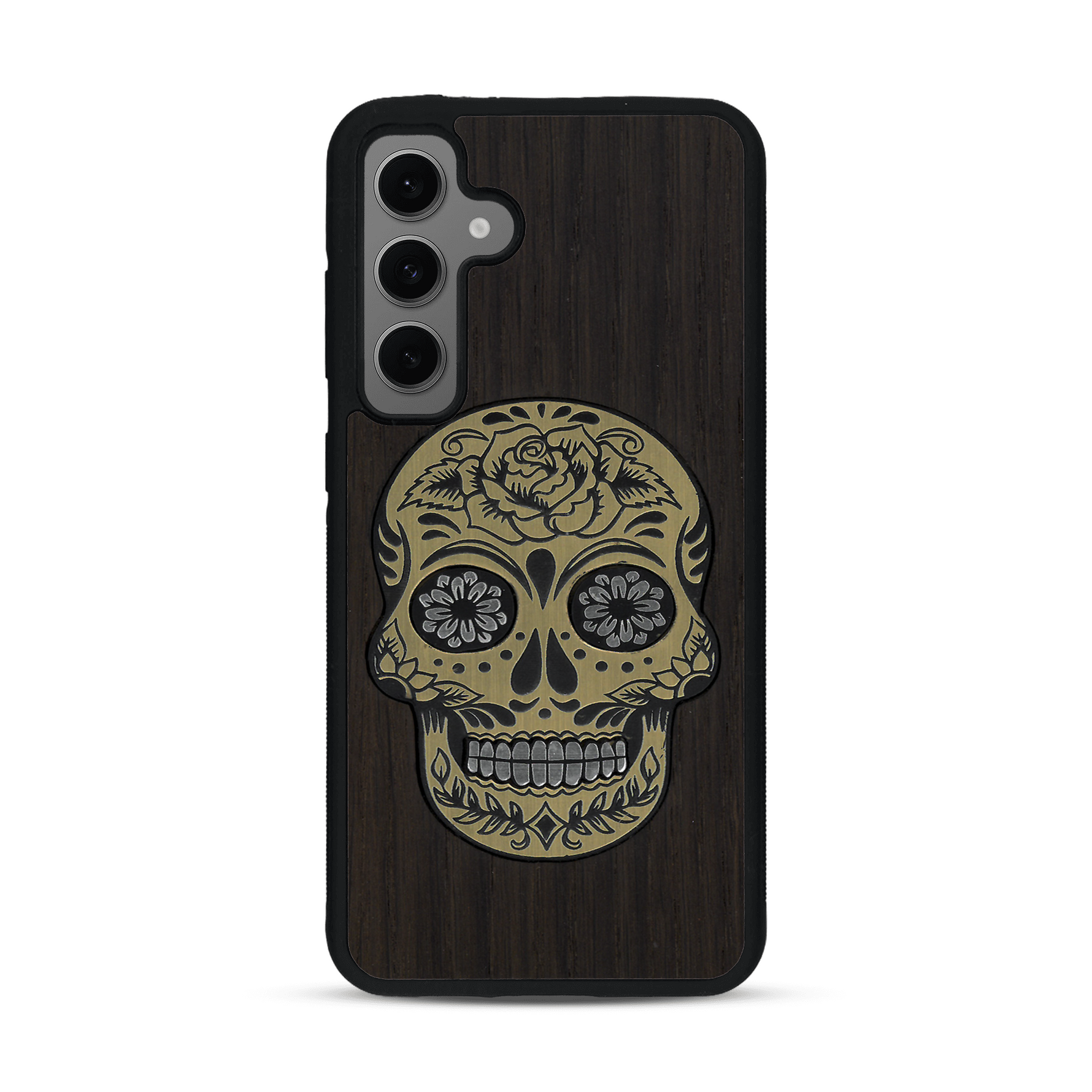 Coque de protection en bois véritable fabriquée en France pour  alliant du chêne fumé avec du métal argenté et doré représentant une tête de mort mexicaine sur le thème Dia de los Muertos