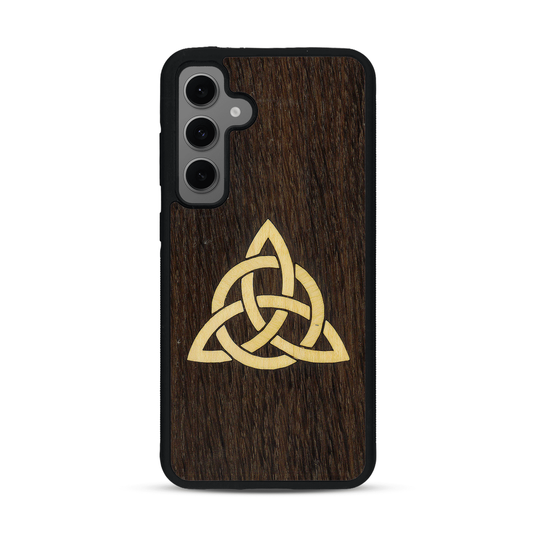 Coque de protection en bois véritable fabriquée en France pour  alliant du chêne fumé et du bambou représentant une triquetra