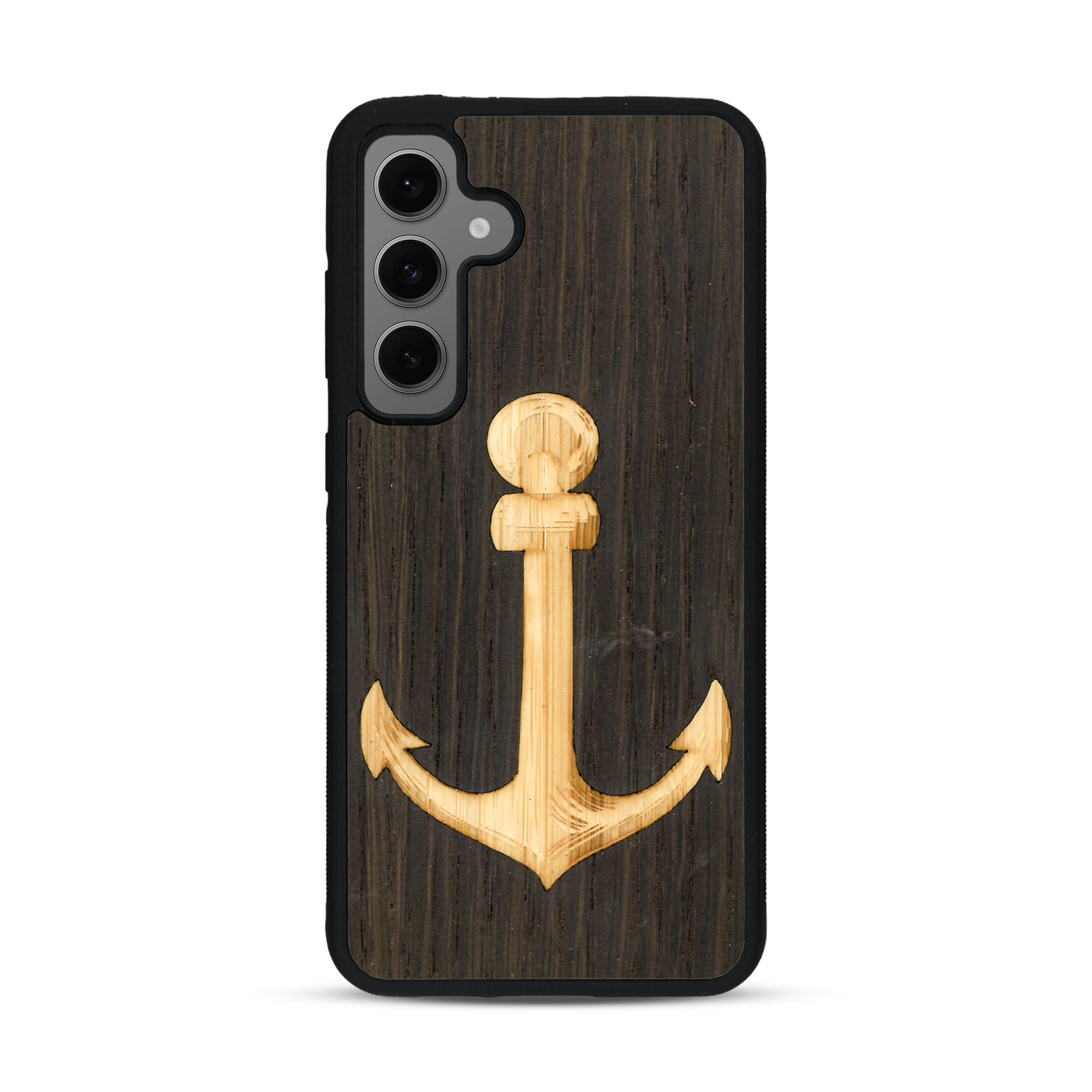 Coque de protection en bois véritable fabriquée en France pour  sur le thème nautique avec un bois clair et un bois foncé représentant une ancre de bateau
