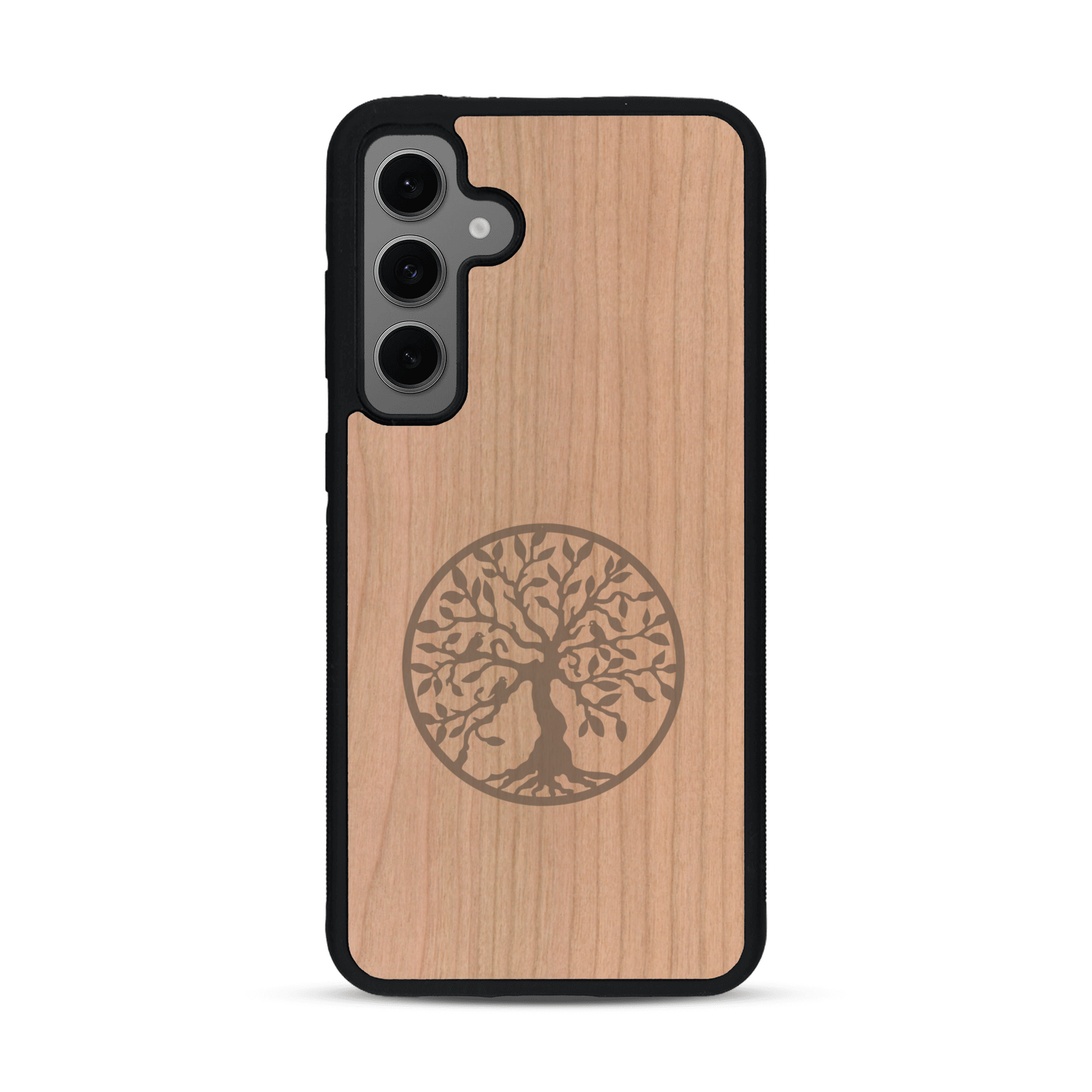 Coque de protection en bois véritable fabriquée en France pour  sur le thème de la spiritualité et du yoga avec une gravure zen représentant un arbre de vie
