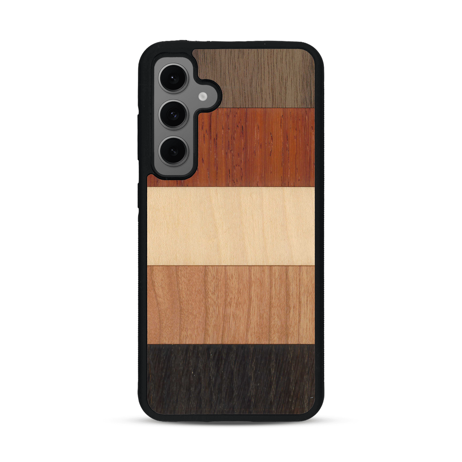 Coque de protection en bois véritable fabriquée en France pour  alliant des bandes horizontales de bambou, merisier, padouk, noyer et chêne fumé