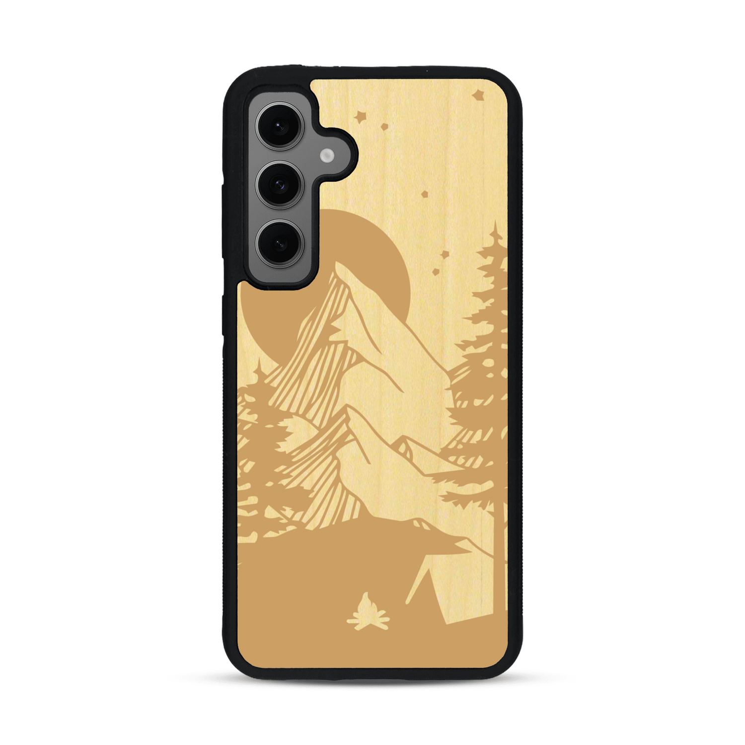 Coque de protection en bois véritable fabriquée en France pour  sur le thème du camping en pleine nature représentant une tente avec un feu de camp entouré de montagnes