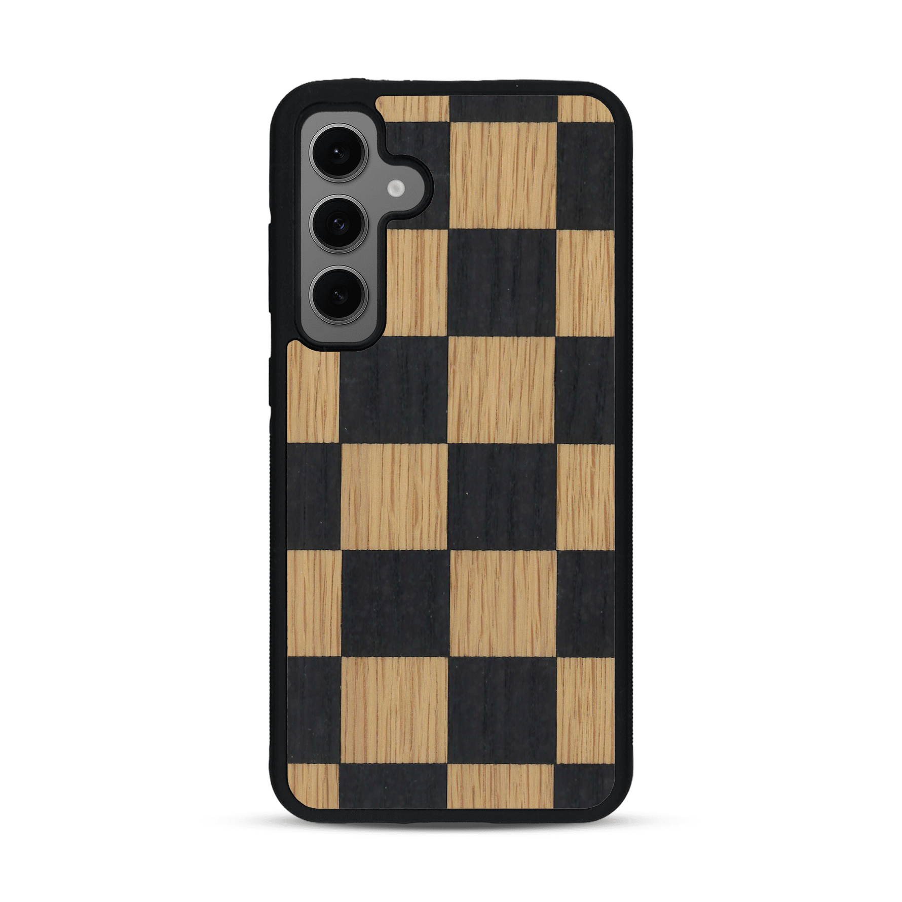Coque de protection en bois véritable fabriquée en France pour  alliant plusieurs essences de bois pour représenter un damier