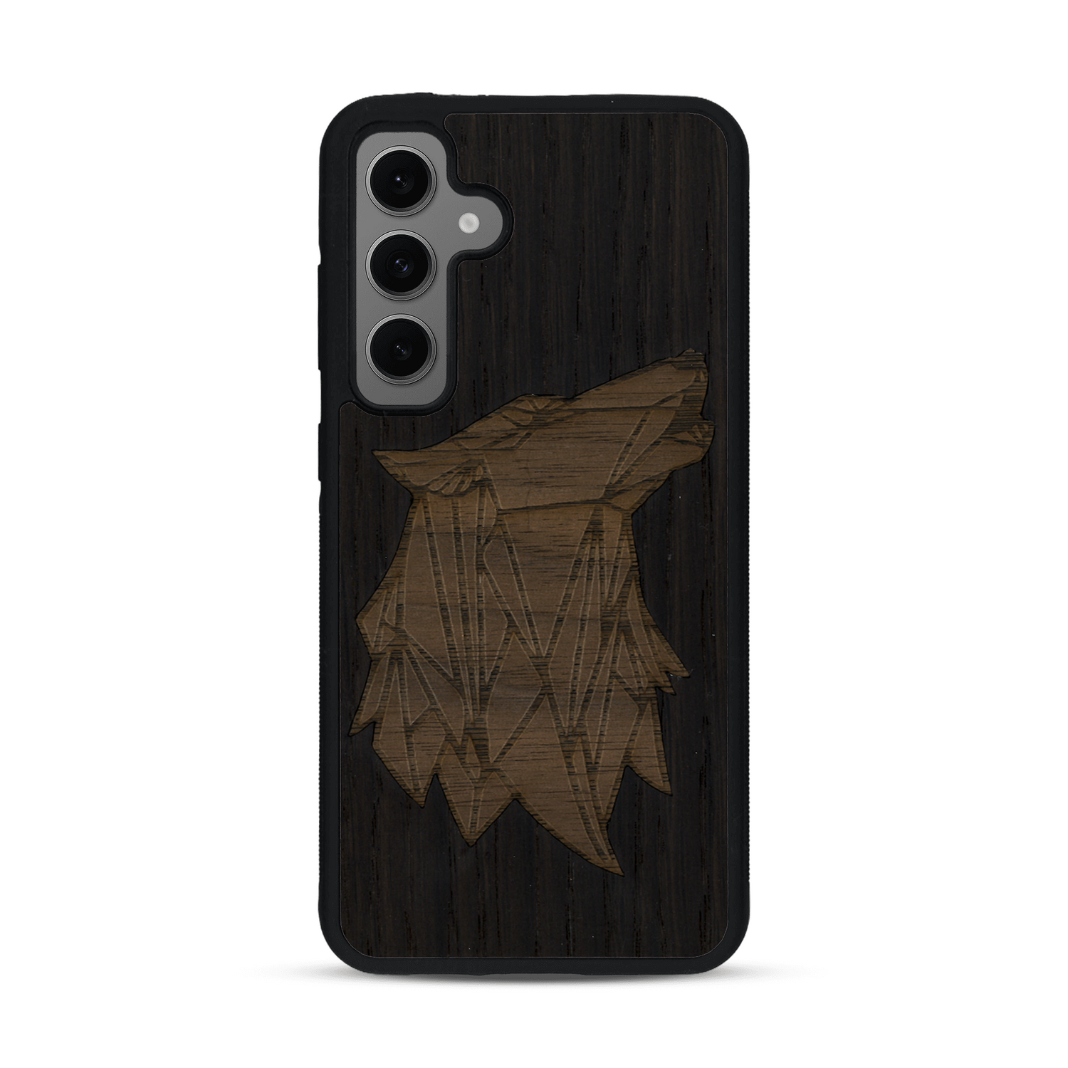 Coque de protection en bois véritable fabriquée en France pour  alliant du chêne fumé et du noyer représentant une tête de loup géométrique de profil sur le thème des animaux et de la nature