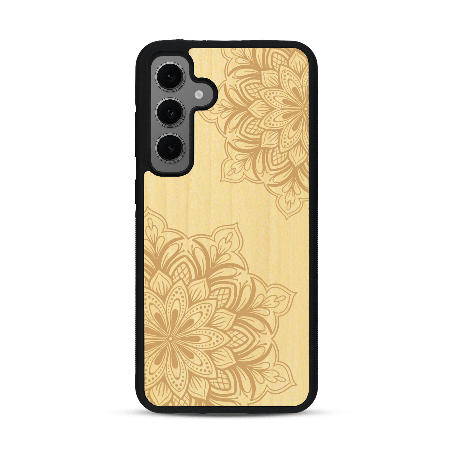 Coque de protection en bois véritable fabriquée en France pour  sur le thème de la bohème et du tatouage au henné avec une gravure représentant un mandala