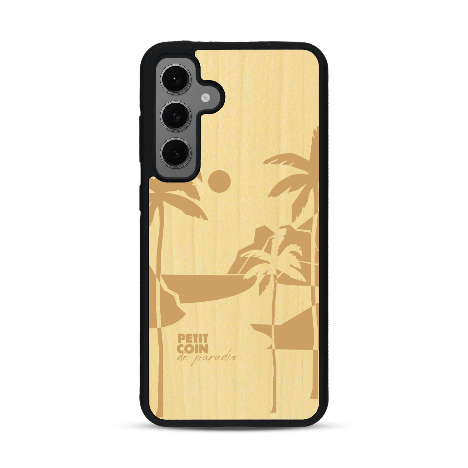 Coque de protection en bois véritable fabriquée en France pour  sur le thème des voyages en vans, vanlife et chill avec une gravure représentant un van vw combi devant le soleil couchant sur une plage avec des vagues