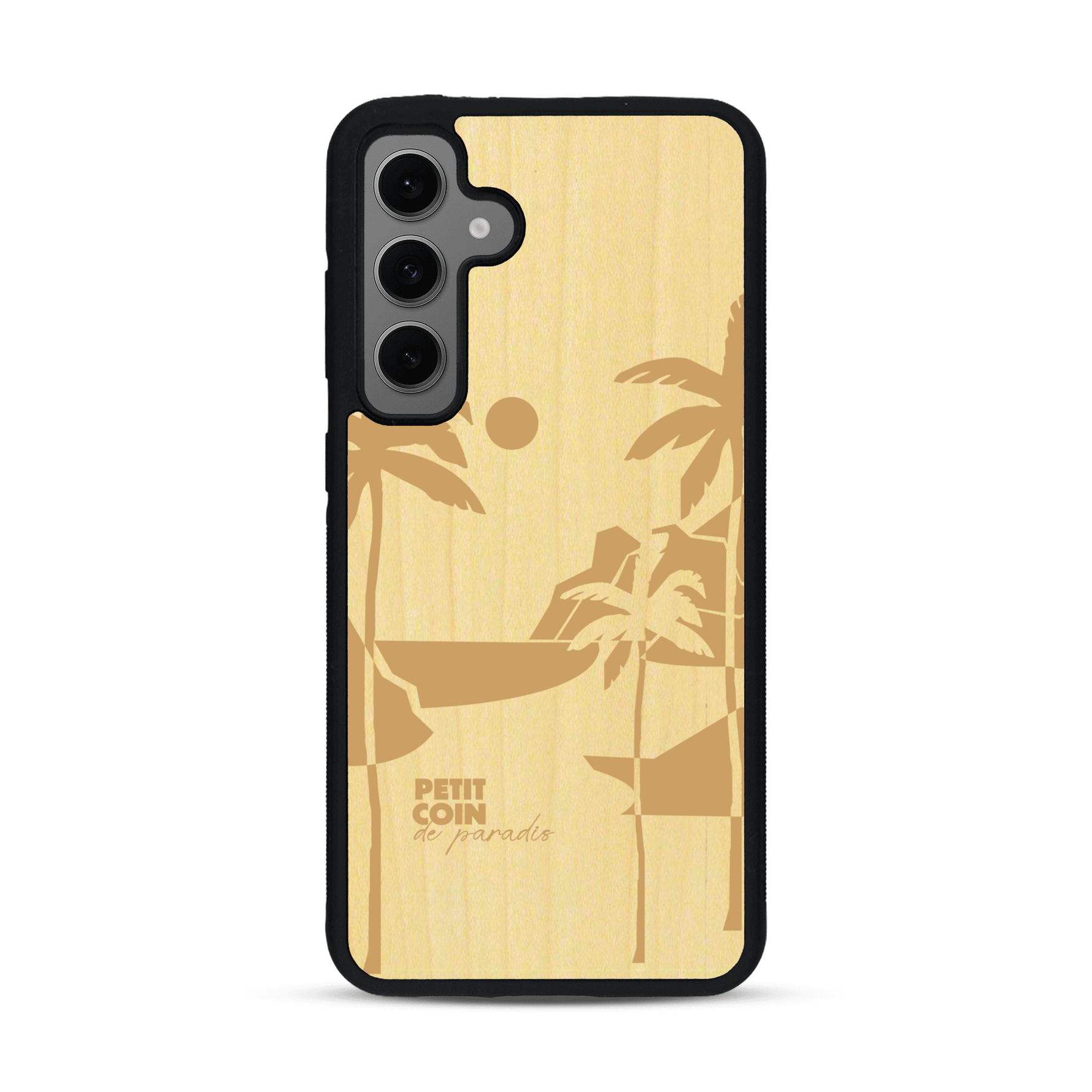 Coque de protection en bois véritable fabriquée en France pour  sur le thème des voyages en vans, vanlife et chill avec une gravure représentant un van vw combi devant le soleil couchant sur une plage avec des vagues