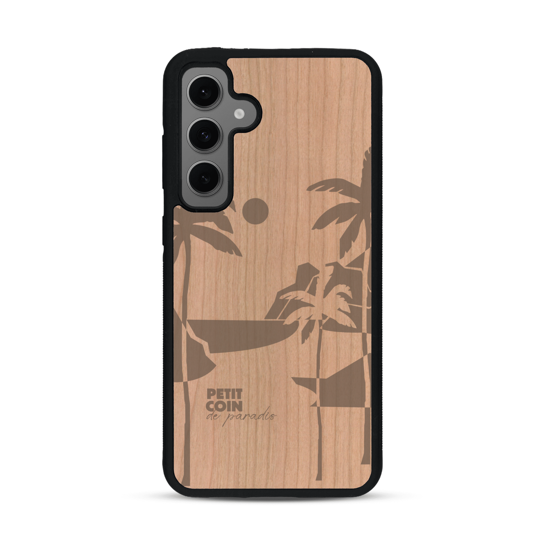 Coque de protection en bois véritable fabriquée en France pour  sur le thème des voyages en vans, vanlife et chill avec une gravure représentant un van vw combi devant le soleil couchant sur une plage avec des vagues