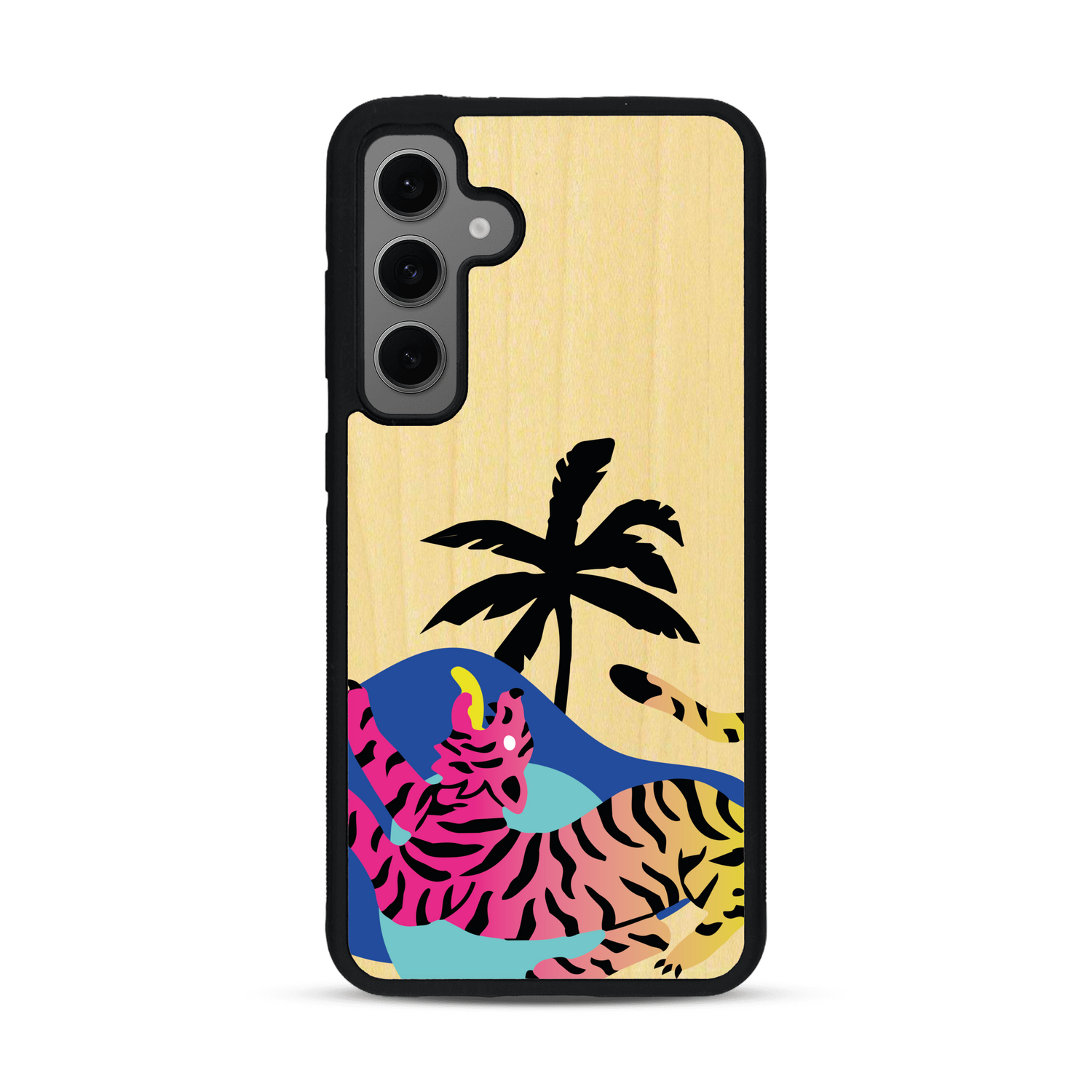 Coque de protection en bois véritable fabriquée en France pour Samsung S24 représentant un tigre coloré avec un design moderne et minimaliste sur le thème de la jungle et de la nature