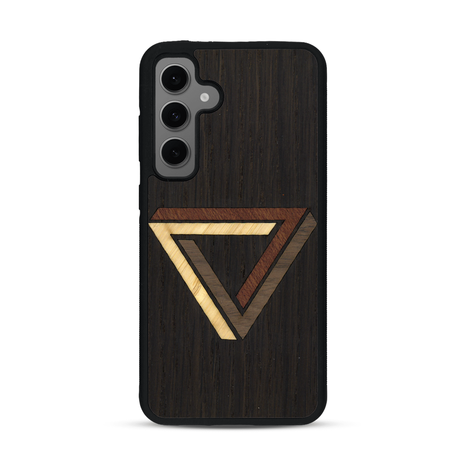 Coque de protection en bois véritable fabriquée en France pour  sur le thème de l'art géométrique qui allie du chêne fumé, du noyer, du bambou et du padouk représentant le triangle de penrose