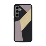Coque de protection en bois véritable fabriquée en France pour  alliant du bambou, du tulipier mauve et noir en forme de mosaïque minimaliste sur le thème de l'art abstrait