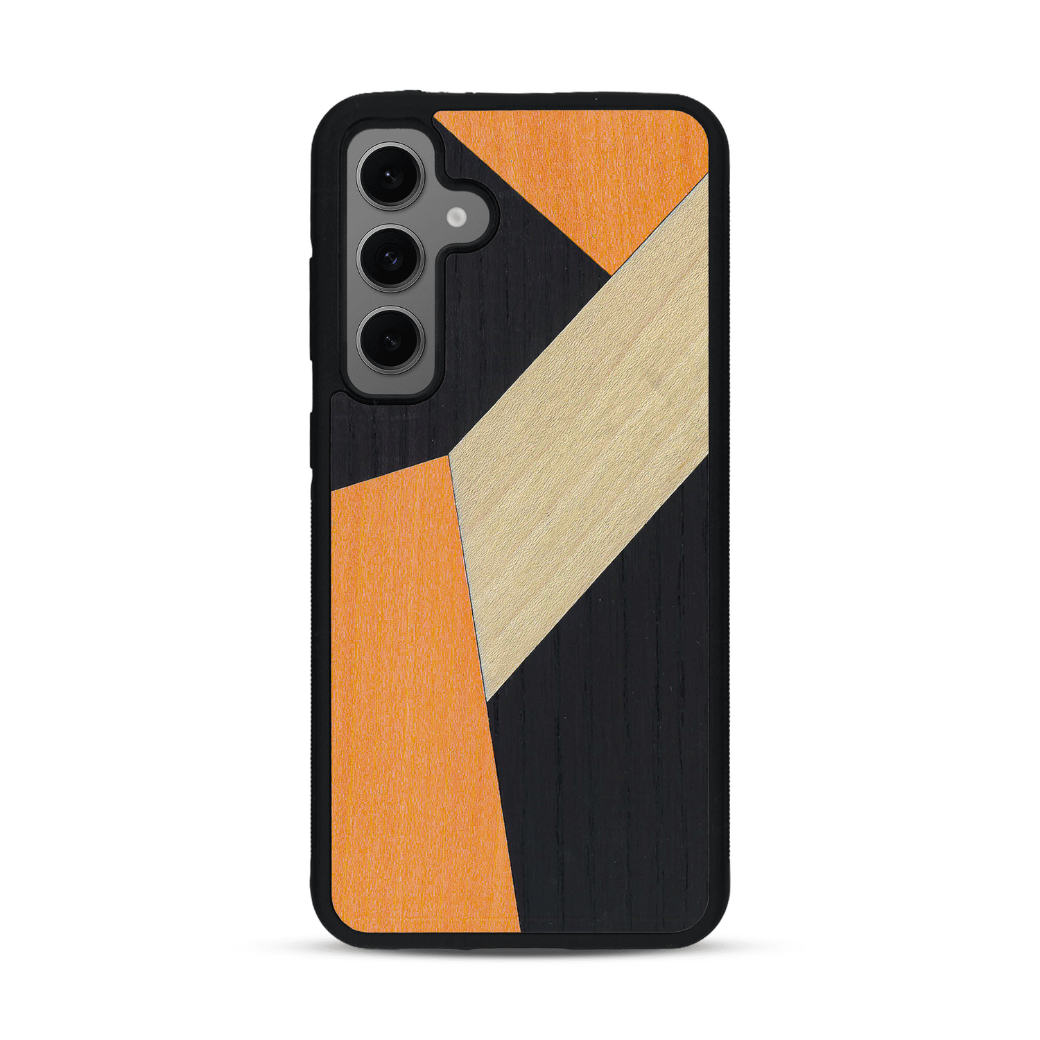 Coque de protection en bois véritable fabriquée en France pour  alliant du bambou, du tulipier orange et noir en forme de mosaïque minimaliste sur le thème de l'art abstrait