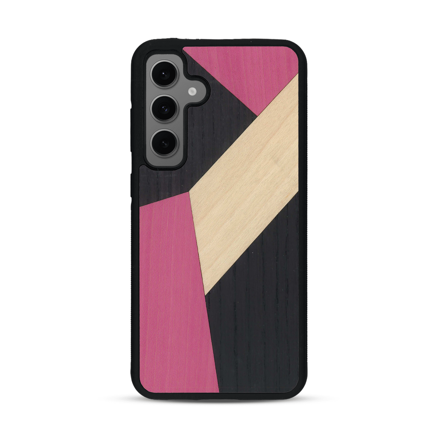 Coque de protection en bois véritable fabriquée en France pour  alliant du bambou, du tulipier rose et noir en forme de mosaïque minimaliste sur le thème de l'art abstrait
