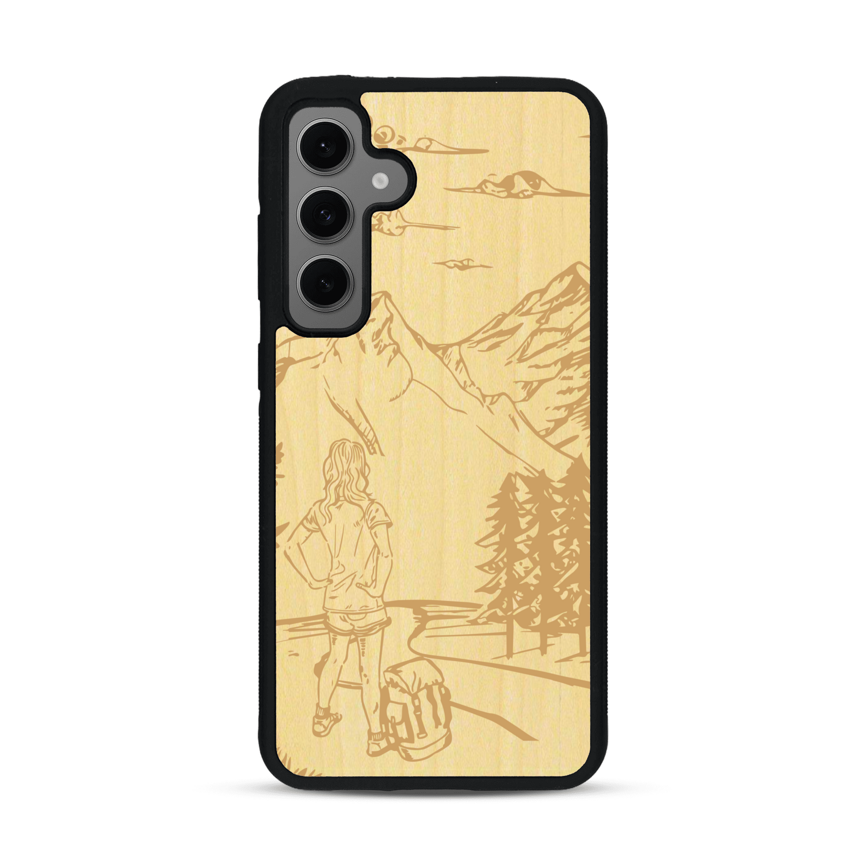 Coque de protection en bois véritable fabriquée en France pour  sur le thème de la randonnée en montagne et de l'aventure avec une gravure représentant une femme de dos face à un paysage de nature
