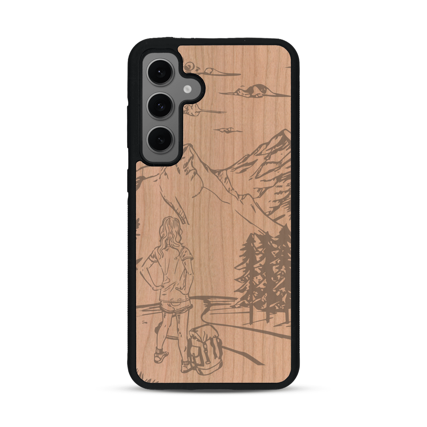 Coque de protection en bois véritable fabriquée en France pour  sur le thème de la randonnée en montagne et de l'aventure avec une gravure représentant une femme de dos face à un paysage de nature