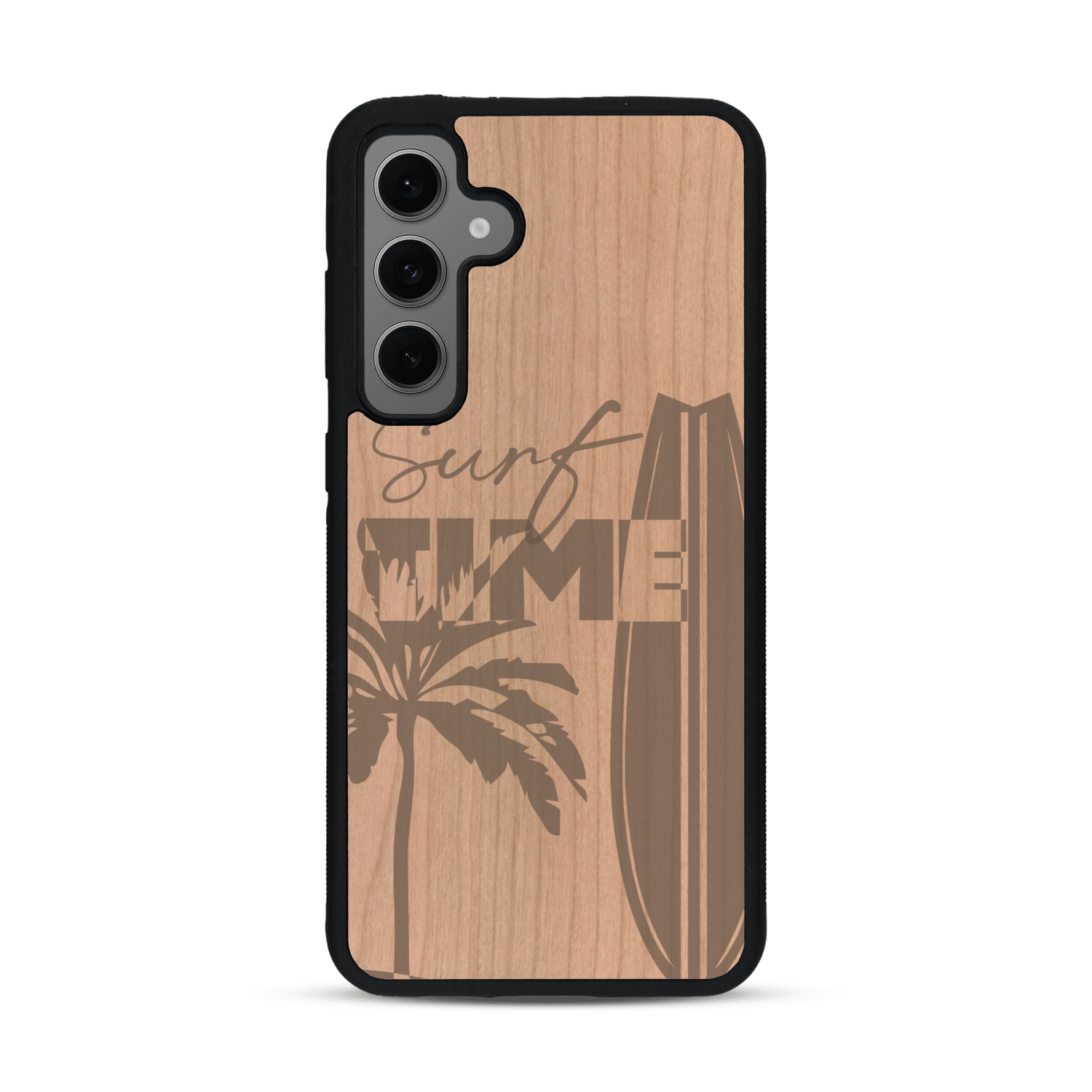 Coque de protection en bois véritable fabriquée en France pour  sur le thème chill avec un motif représentant une silouhette tenant une planche de surf sur une plage entouré de palmiers et les mots "Surf Time Long Beach Miami"
