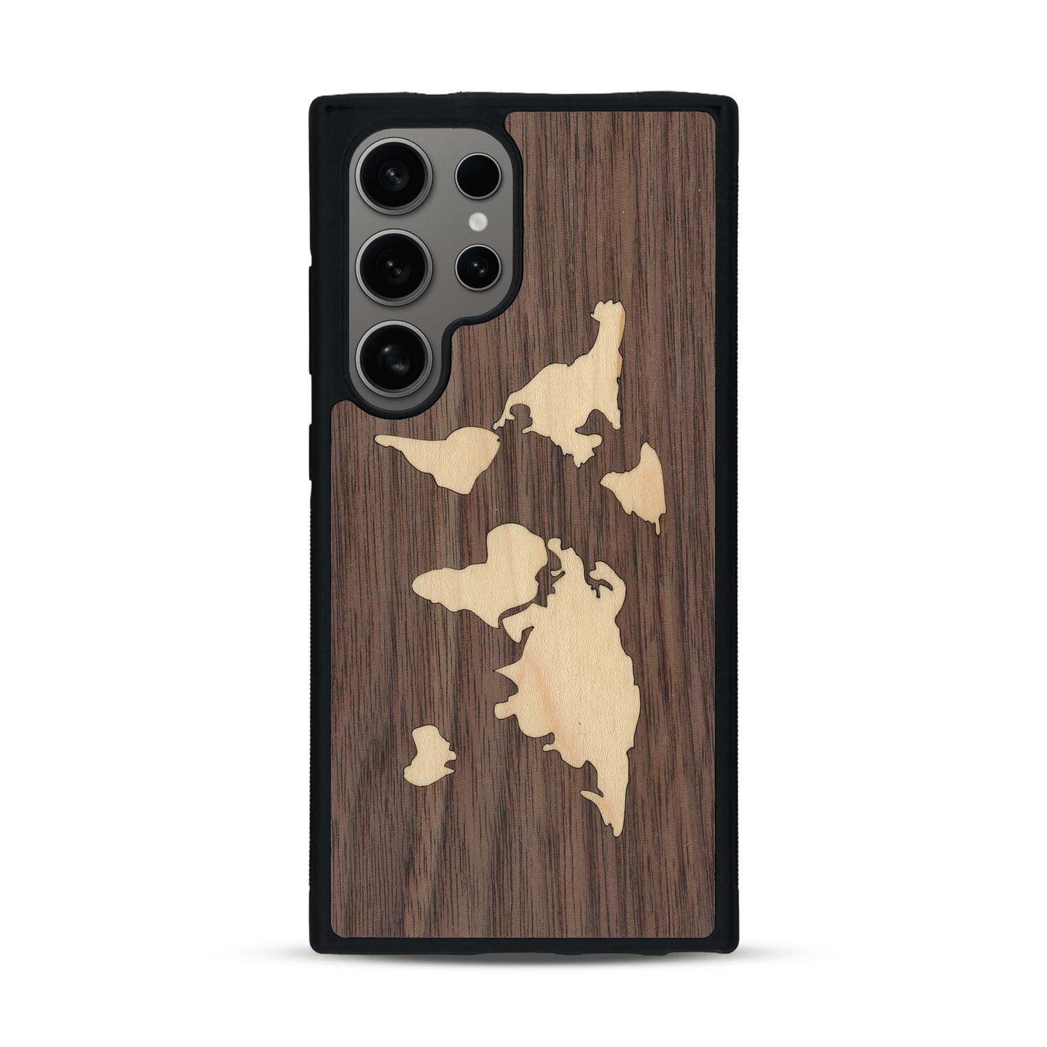 Coque de protection en bois véritable fabriquée en France pour  alliant du bambou et du noyer sur le thème du voyage et de l'aventure représentant une mappemonde