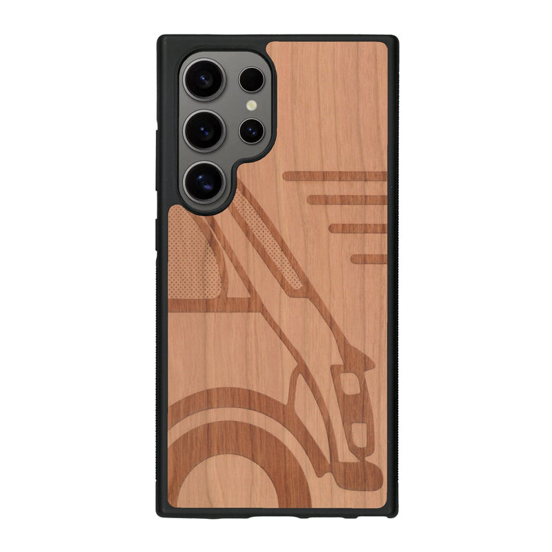 Coque de protection en bois véritable fabriquée en France pour Samsung S24 Ultra sur le thème de l'automobile avec une authentique Mini Cooper