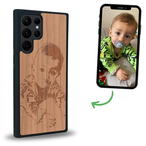 Coque de protection en bois véritable fabriquée en France pour Samsung S24 Ultra avec gravure personnalisée à partir d'une photo, d'une image, d'un logo, des initials ou d'une phrase