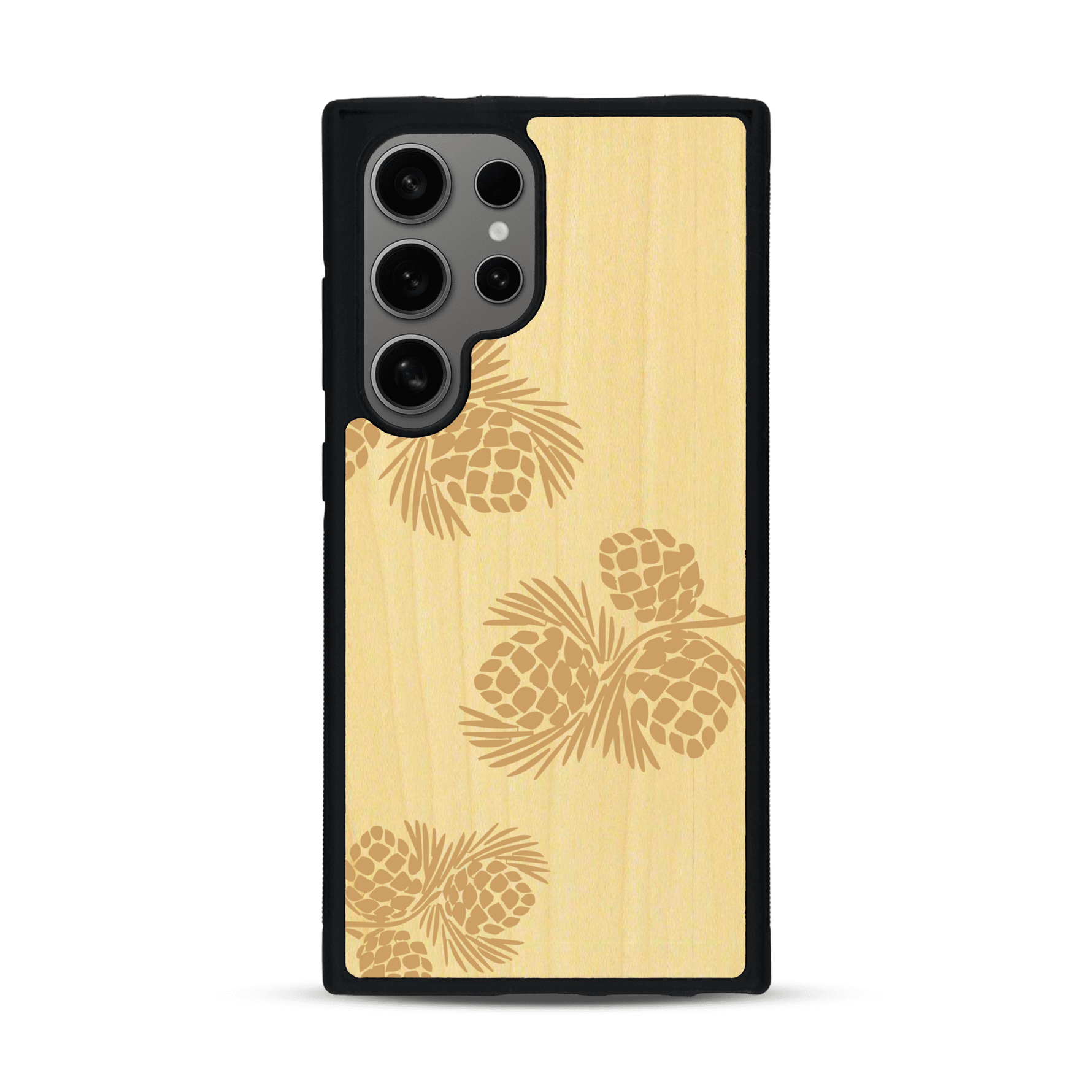 Coque de protection en bois véritable fabriquée en France pour  sur le thème de la nature des arbres avec un motif de gravure représentant des épines de sapin et des pommes de pin