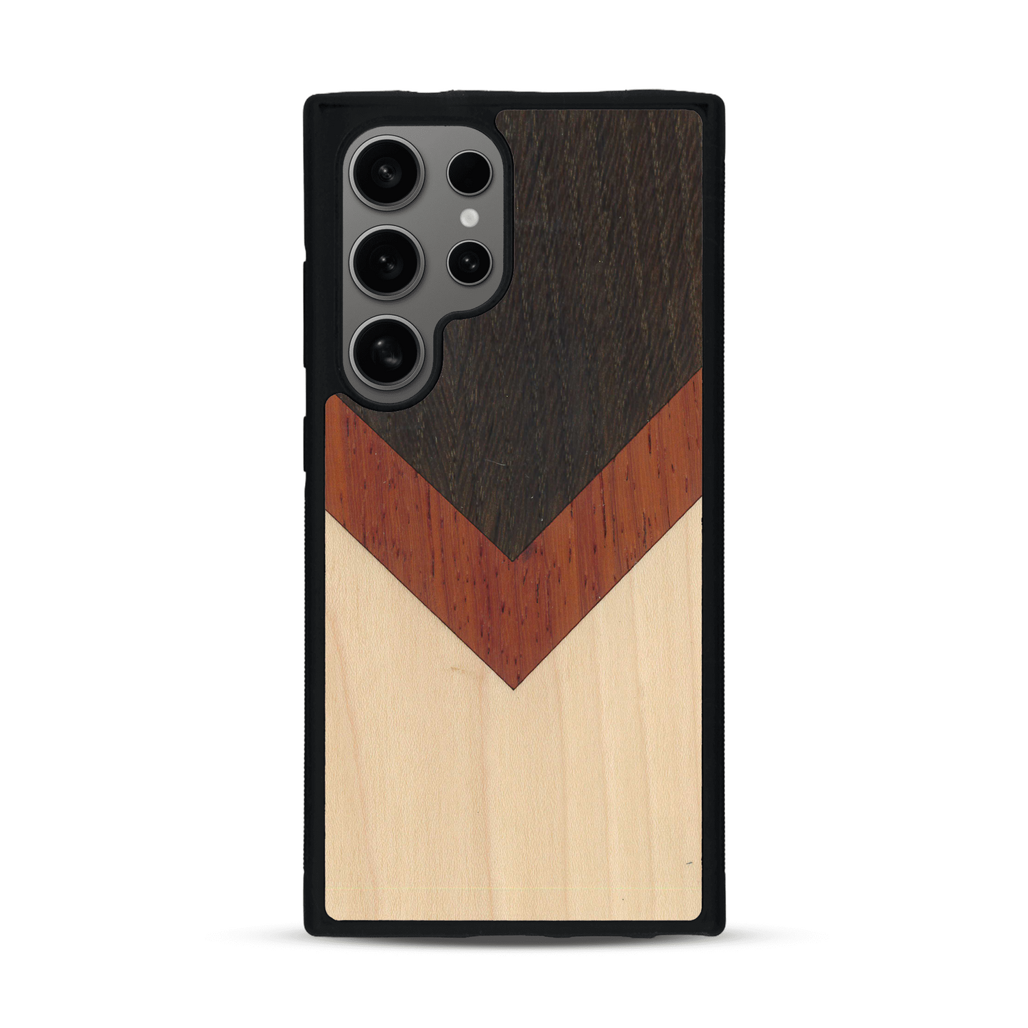 Coque de protection en bois véritable fabriquée en France pour  alliant du chêne fumé, du padouk et du bambou en forme de chevron sur le thème de l'art abstrait