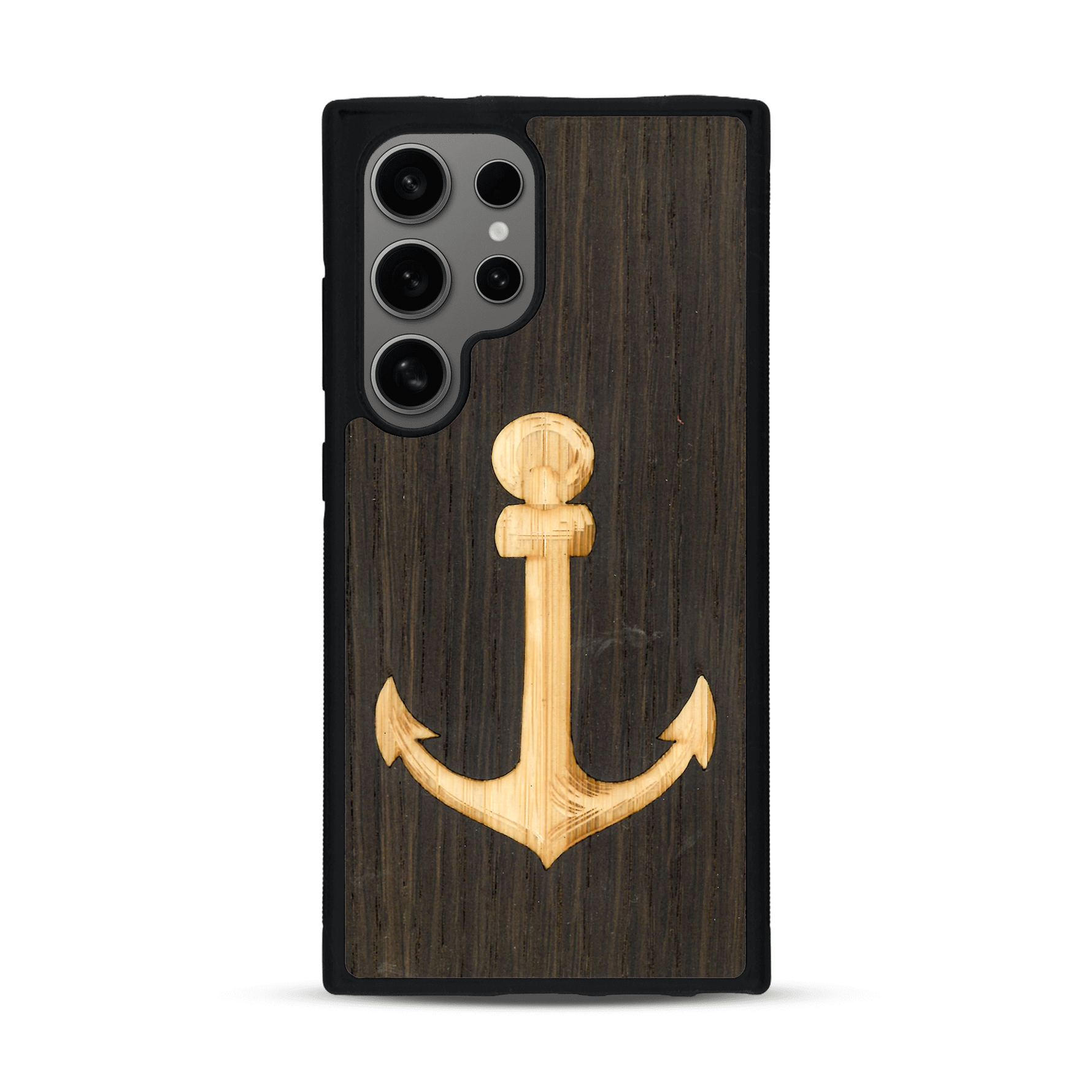 Coque de protection en bois véritable fabriquée en France pour  sur le thème nautique avec un bois clair et un bois foncé représentant une ancre de bateau