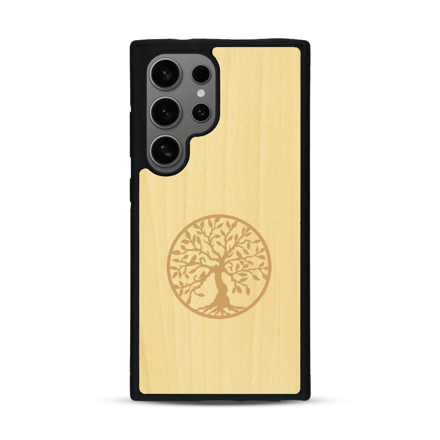 Coque de protection en bois véritable fabriquée en France pour  sur le thème de la spiritualité et du yoga avec une gravure zen représentant un arbre de vie
