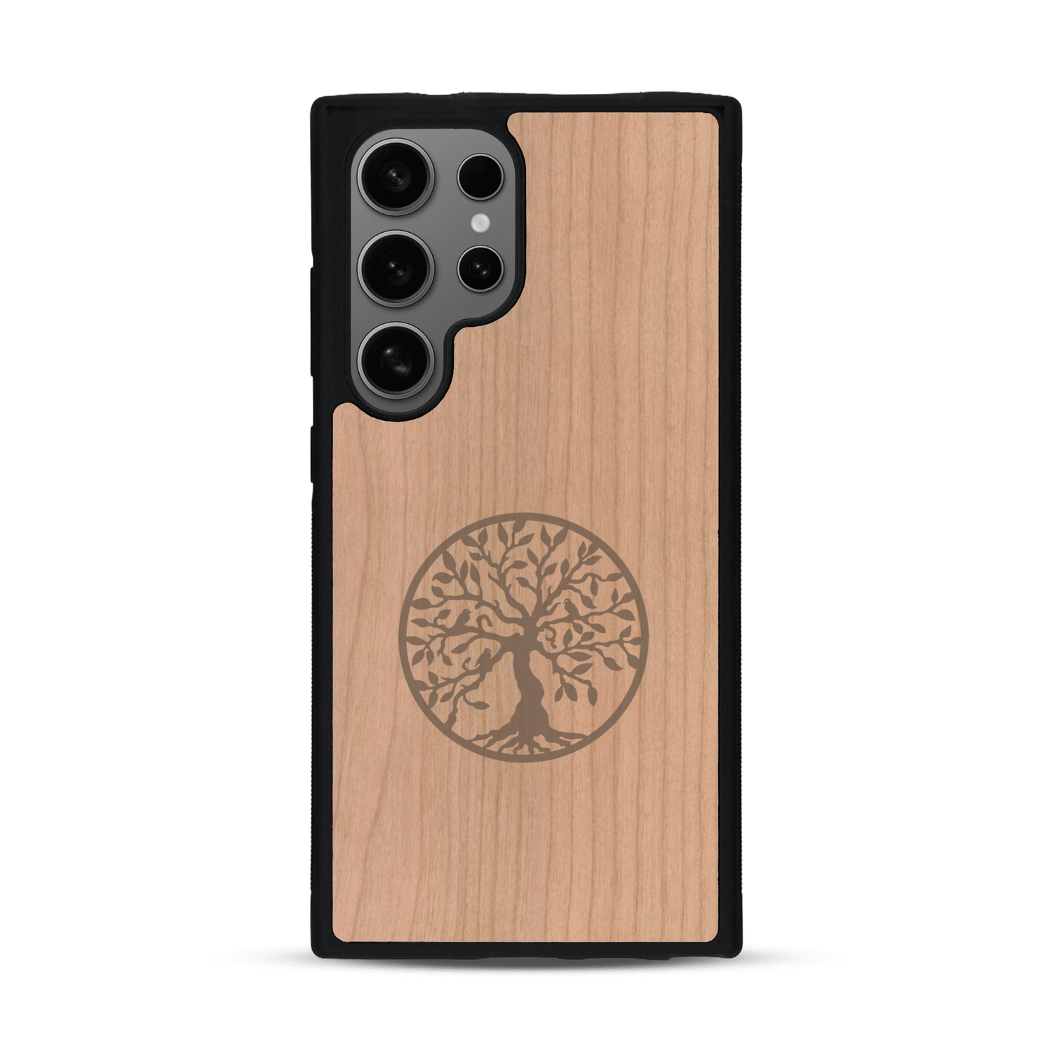 Coque de protection en bois véritable fabriquée en France pour  sur le thème de la spiritualité et du yoga avec une gravure zen représentant un arbre de vie