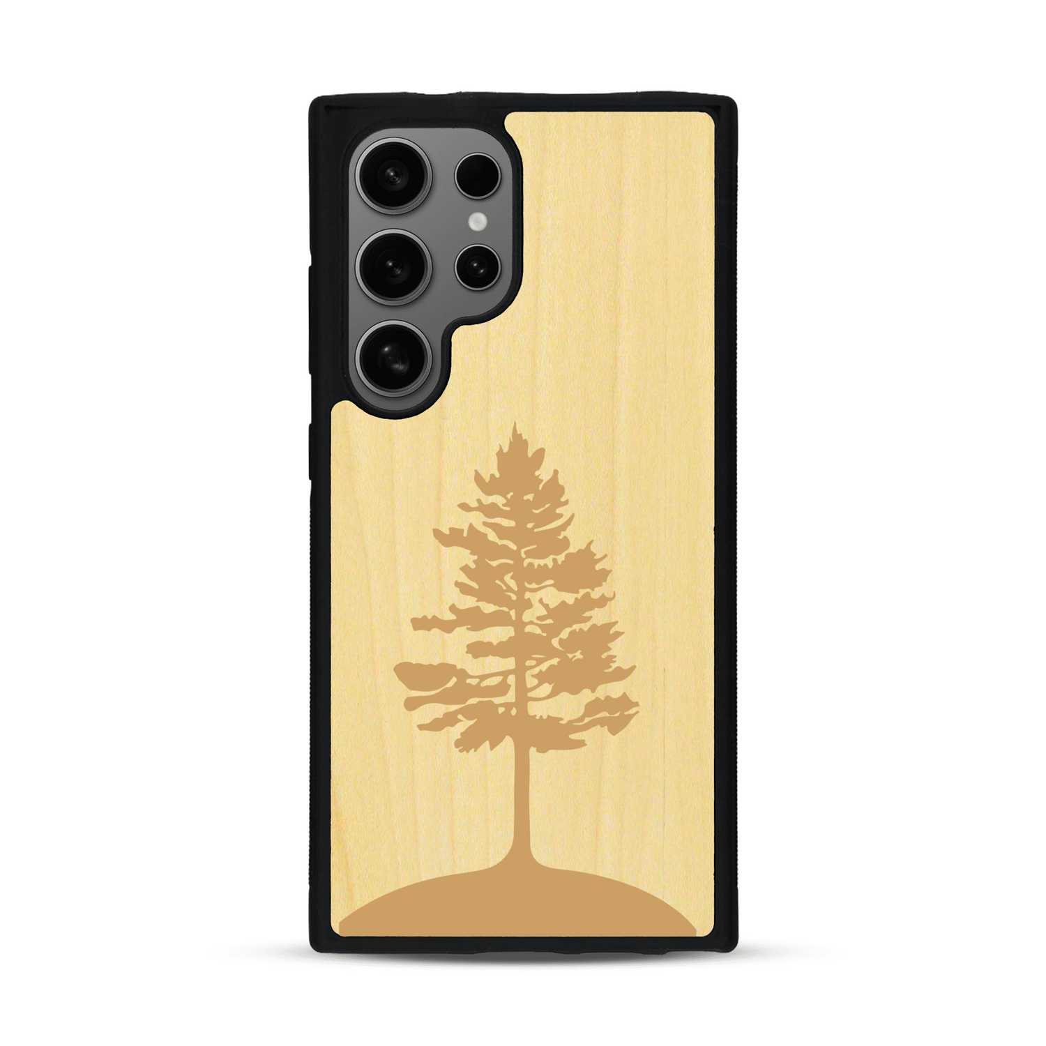 Coque de protection en bois véritable fabriquée en France pour  sur le thème de la nature, de la fôret et de l'écoresponsabilité avec une gravure représentant un arbre 