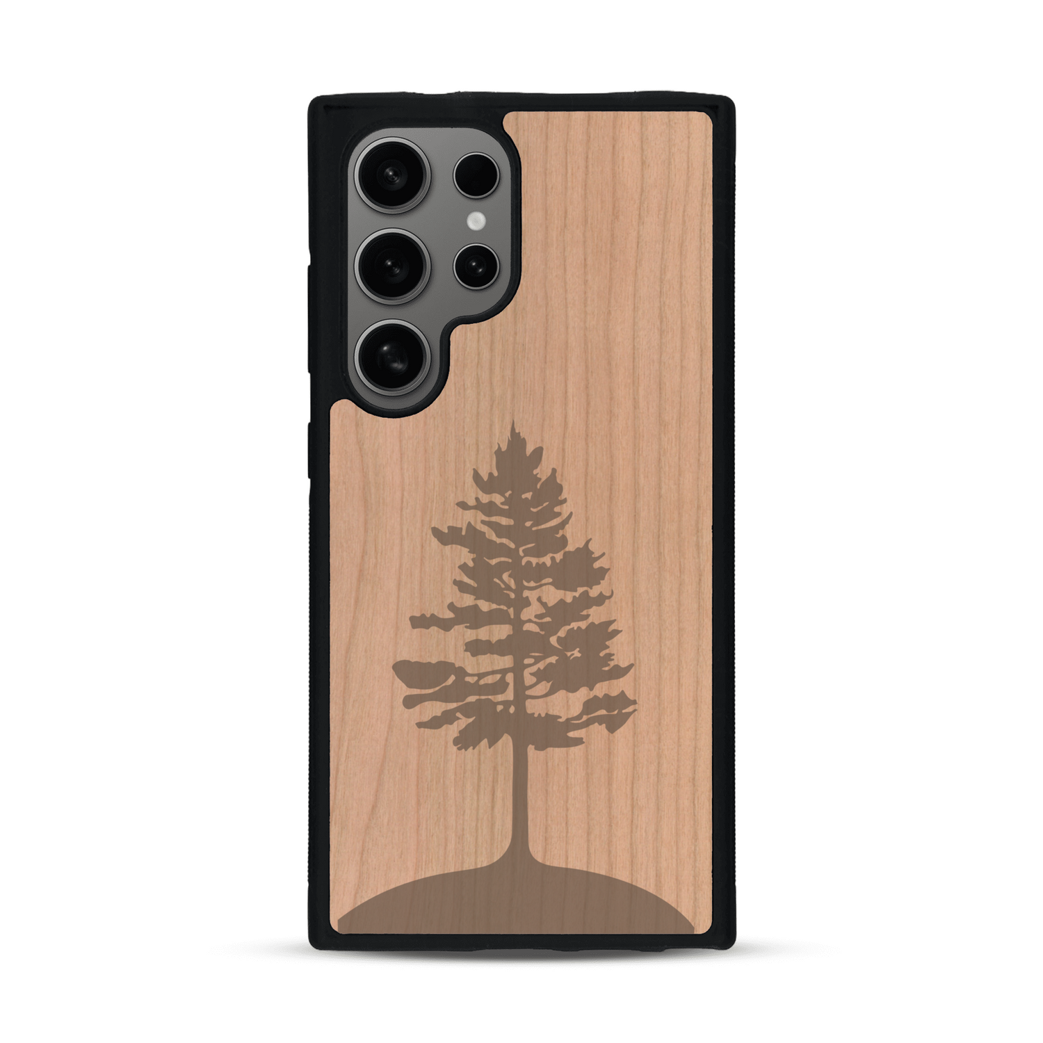 Coque de protection en bois véritable fabriquée en France pour  sur le thème de la nature, de la fôret et de l'écoresponsabilité avec une gravure représentant un arbre 