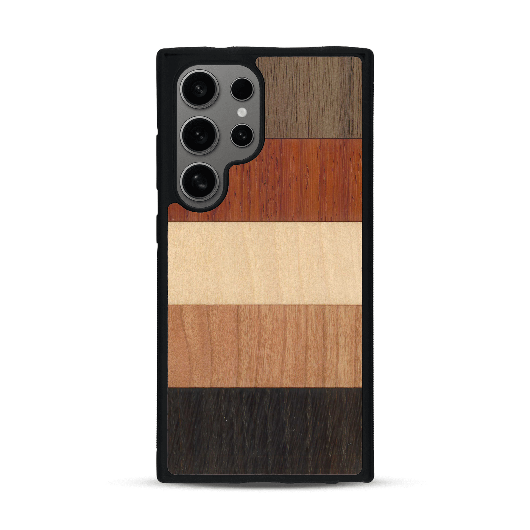 Coque de protection en bois véritable fabriquée en France pour  alliant des bandes horizontales de bambou, merisier, padouk, noyer et chêne fumé