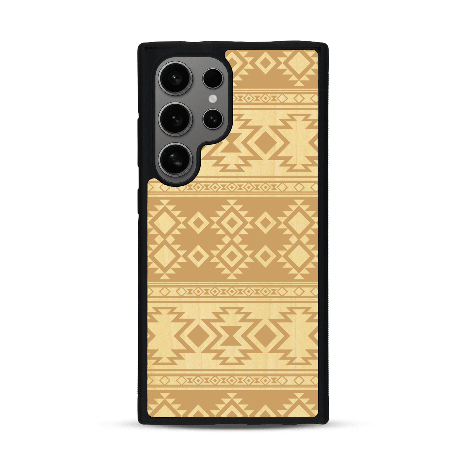 Coque de protection en bois véritable fabriquée en France pour  avec des motifs géométriques s'inspirant des temples aztèques, mayas et incas