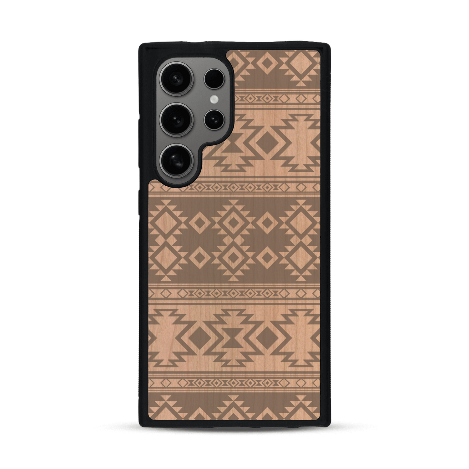 Coque de protection en bois véritable fabriquée en France pour  avec des motifs géométriques s'inspirant des temples aztèques, mayas et incas