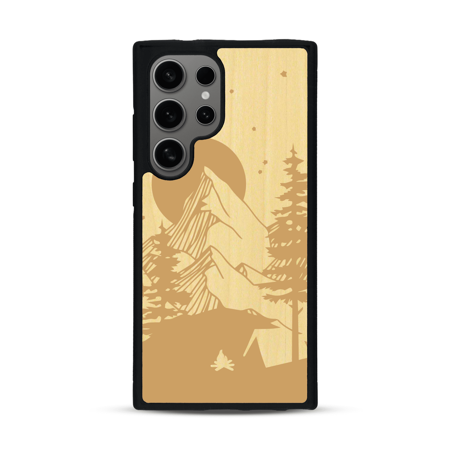 Coque de protection en bois véritable fabriquée en France pour  sur le thème du camping en pleine nature représentant une tente avec un feu de camp entouré de montagnes