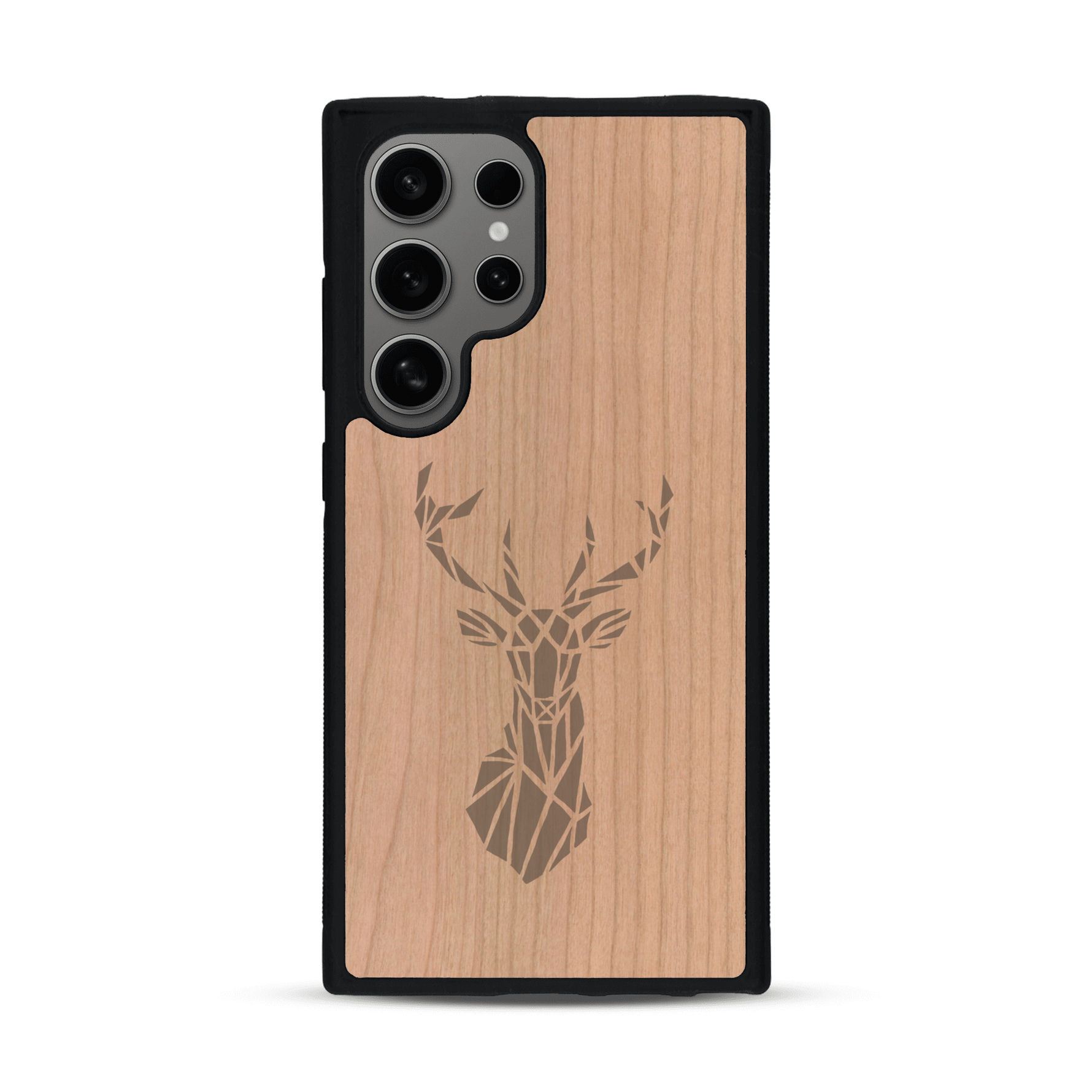 Coque de protection en bois véritable fabriquée en France pour  sur le thème de la nature et des animaux représentant une tête de cerf gométrique avec un design moderne et minimaliste