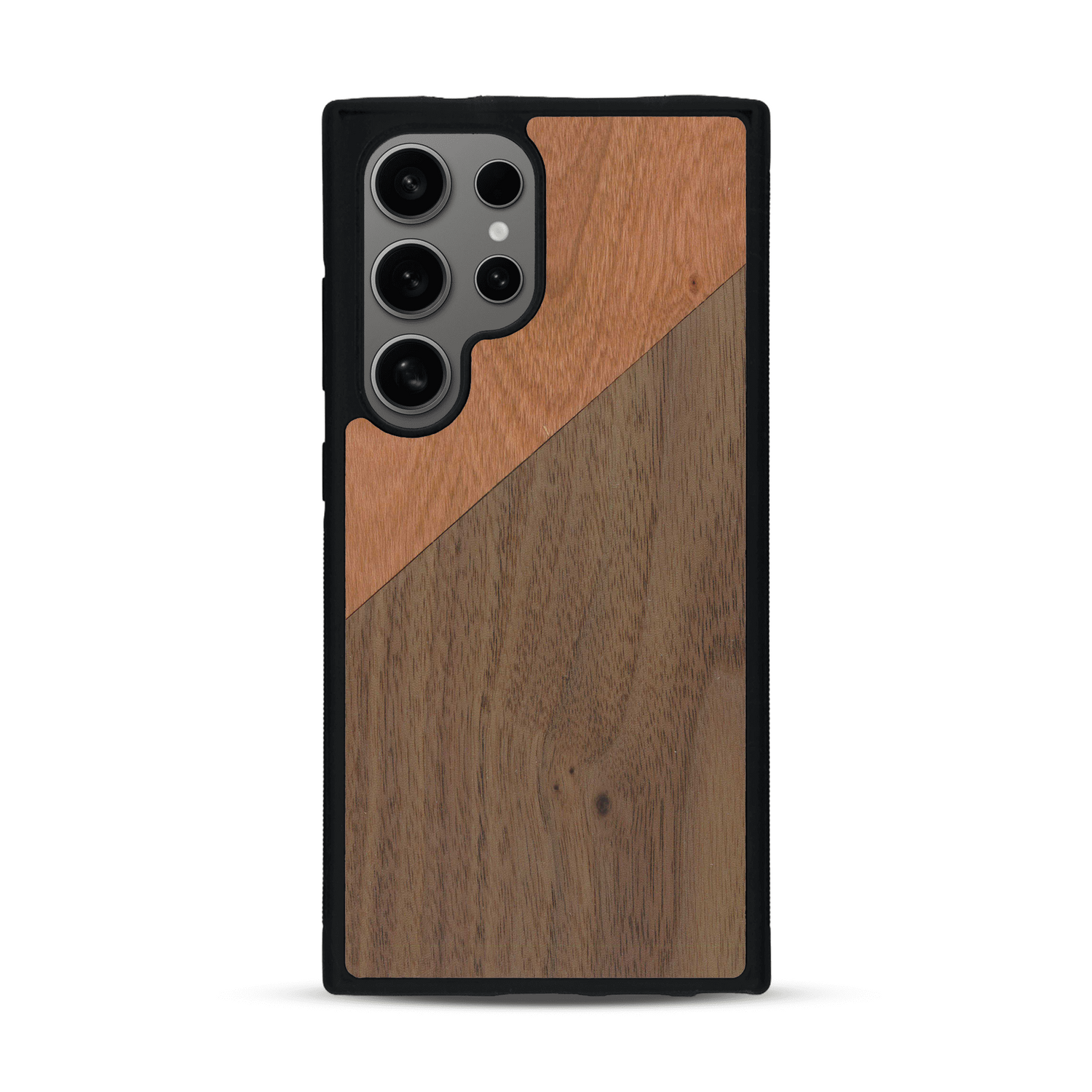 Coque de protection en bois véritable fabriquée en France pour  alliant du merisier et du noyer formant chacun un triangle avec une jointure en diagonale sur le thème de l'art abstrait