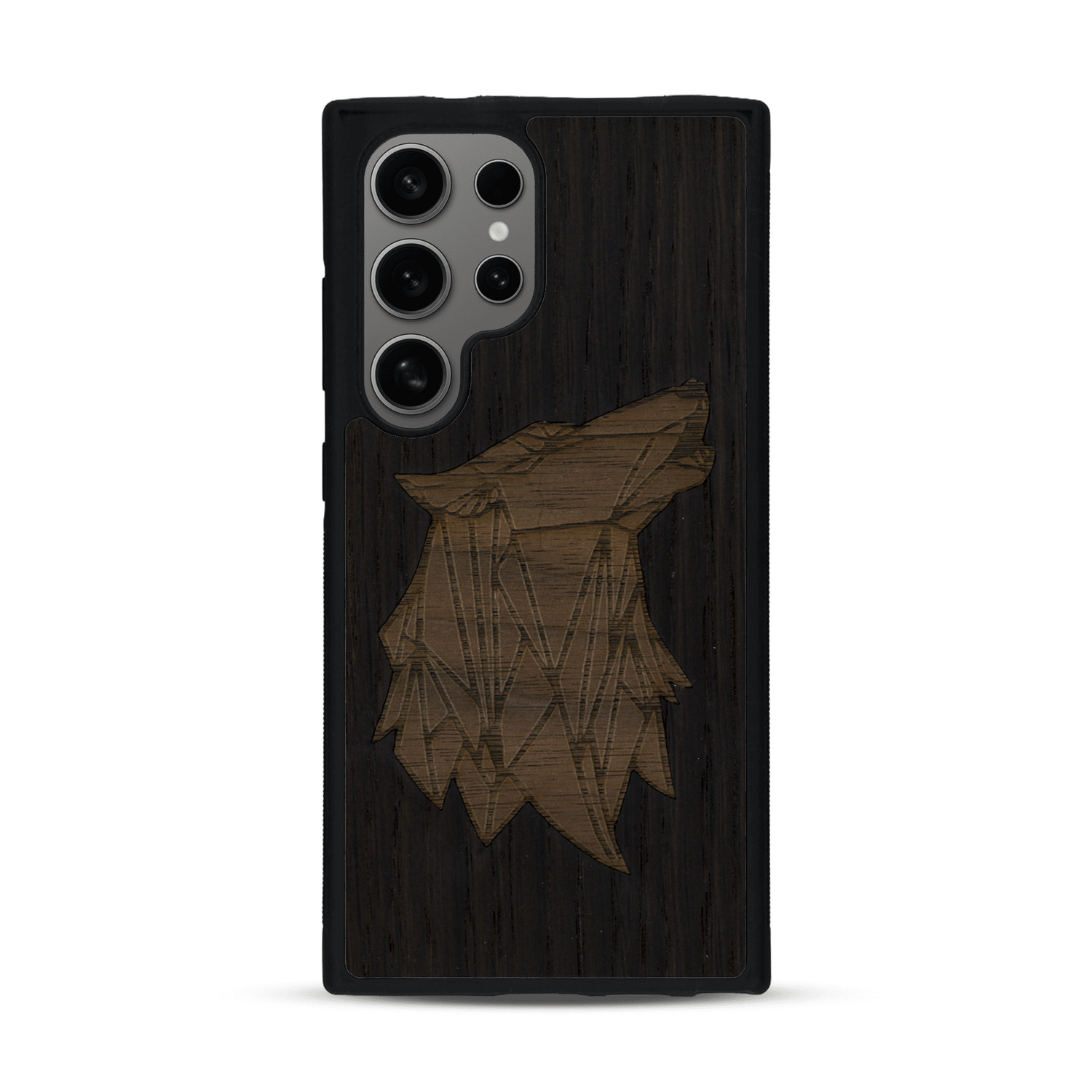 Coque de protection en bois véritable fabriquée en France pour  alliant du chêne fumé et du noyer représentant une tête de loup géométrique de profil sur le thème des animaux et de la nature