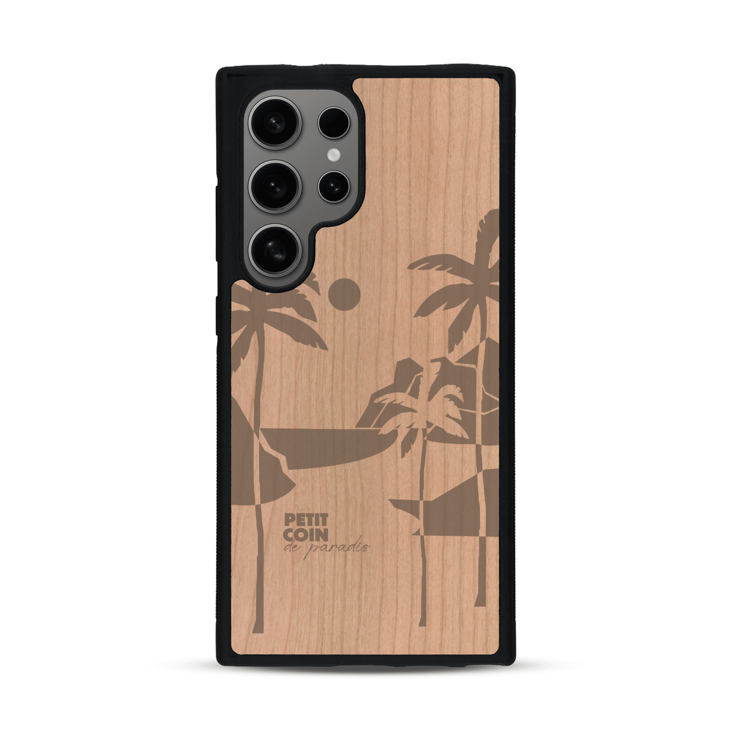 Coque de protection en bois véritable fabriquée en France pour  sur le thème des voyages en vans, vanlife et chill avec une gravure représentant un van vw combi devant le soleil couchant sur une plage avec des vagues
