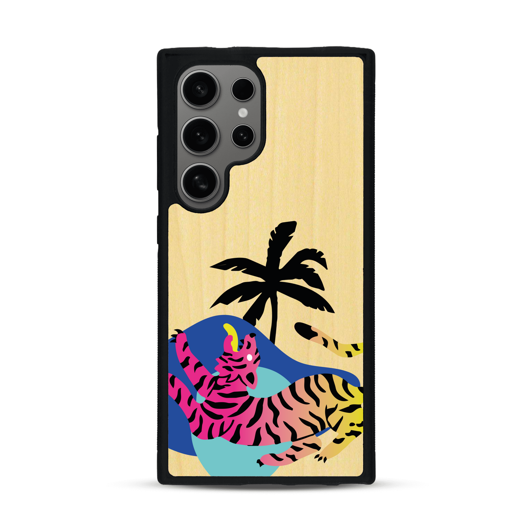 Coque de protection en bois véritable fabriquée en France pour Samsung S24 ULTRA représentant un tigre coloré avec un design moderne et minimaliste sur le thème de la jungle et de la nature
