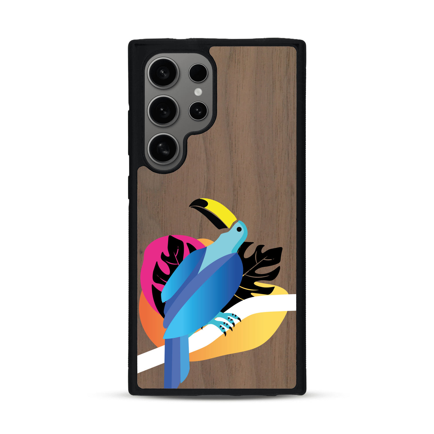 Coque de protection en bois véritable fabriquée en France pour Samsung S24 ULTRA représentant un toucan coloré avec un design moderne et minimaliste sur le thème de la jungle et de la nature