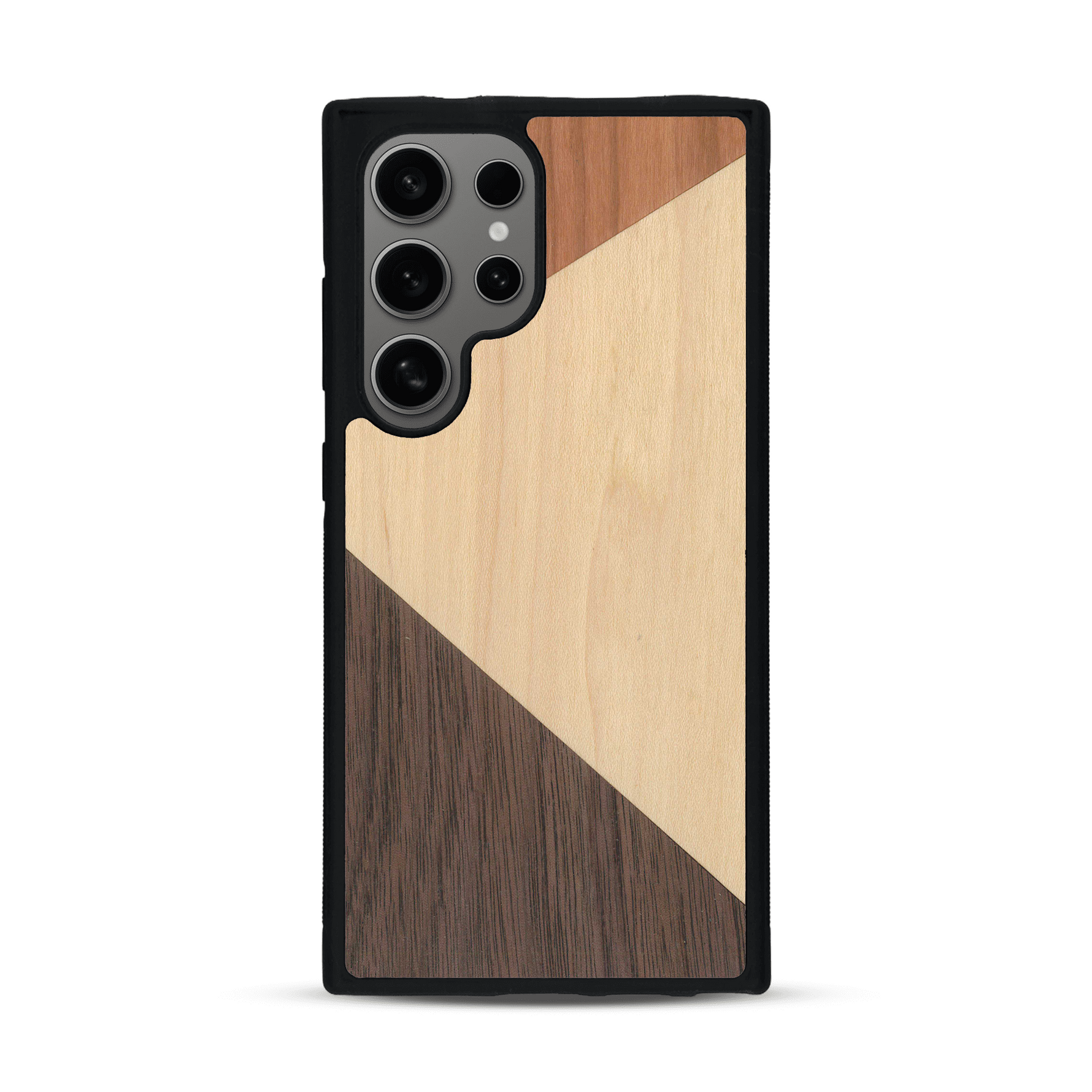 Coque de protection en bois véritable fabriquée en France pour  alliant du merisier, du noyer et du bambou formant chacun deux triangles et un trapèze avec deux jointures en diagonale sur le thème de l'art abstrait