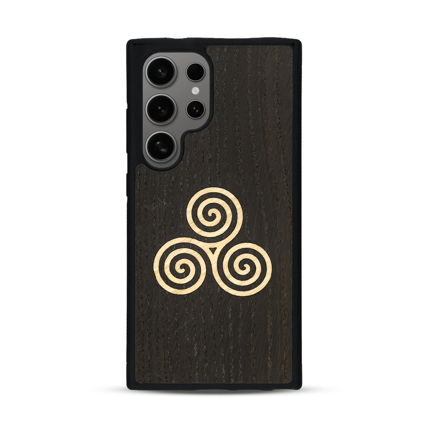 Coque de protection en bois véritable fabriquée en France pour  alliant du chêne fumé et du bambou et doré représentant un triskell