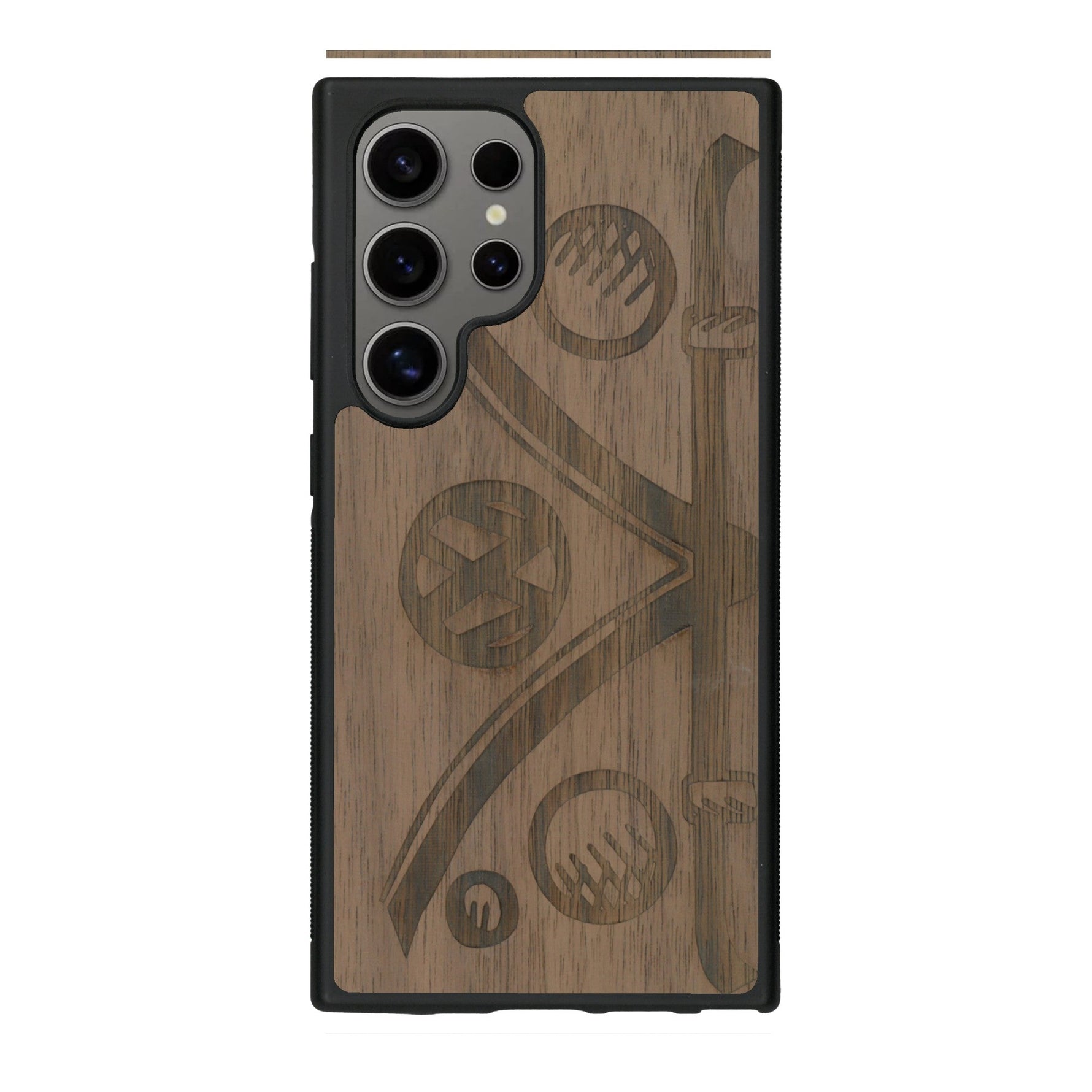 Coque de protection en bois véritable fabriquée en France pour Samsung S24 Ultra sur le thème de l'automobile avec un van combi
