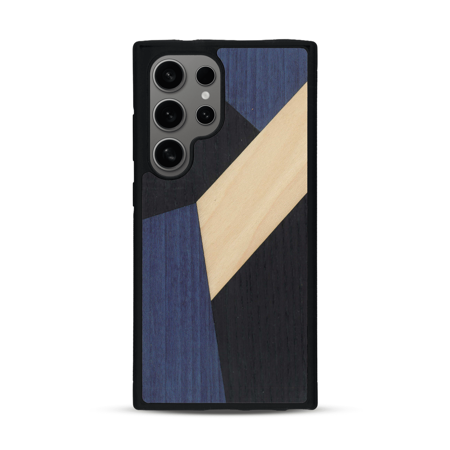 Coque de protection en bois véritable fabriquée en France pour  alliant du bambou, du tulipier bleu et noir en forme de mosaïque minimaliste sur le thème de l'art abstrait