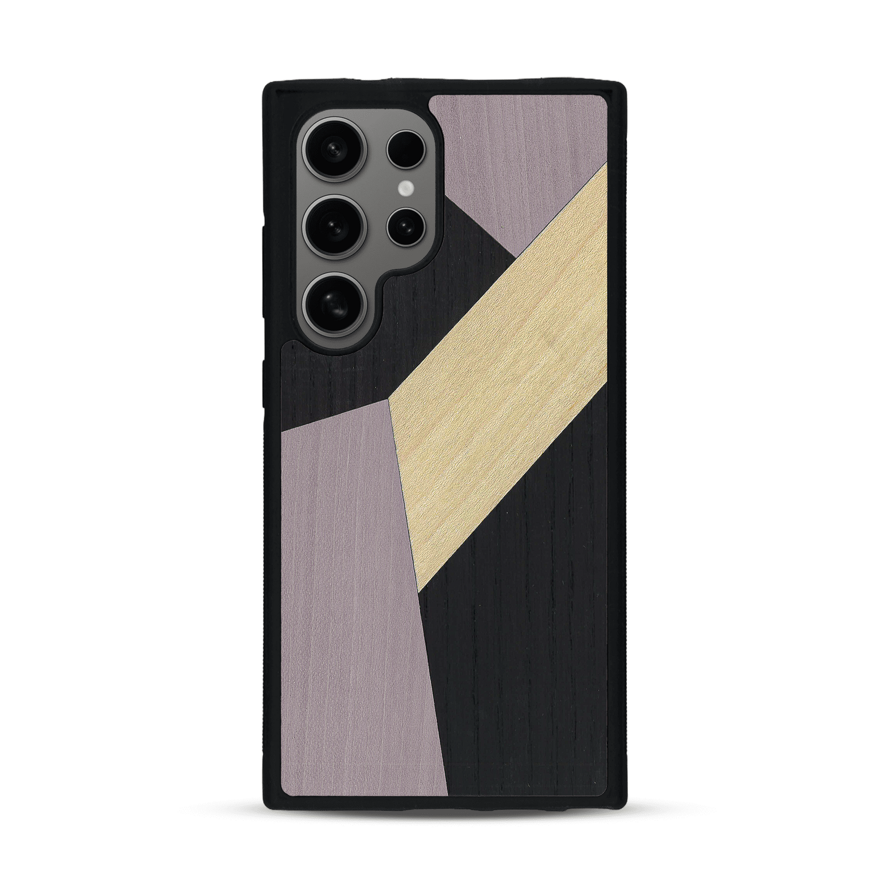 Coque de protection en bois véritable fabriquée en France pour  alliant du bambou, du tulipier mauve et noir en forme de mosaïque minimaliste sur le thème de l'art abstrait